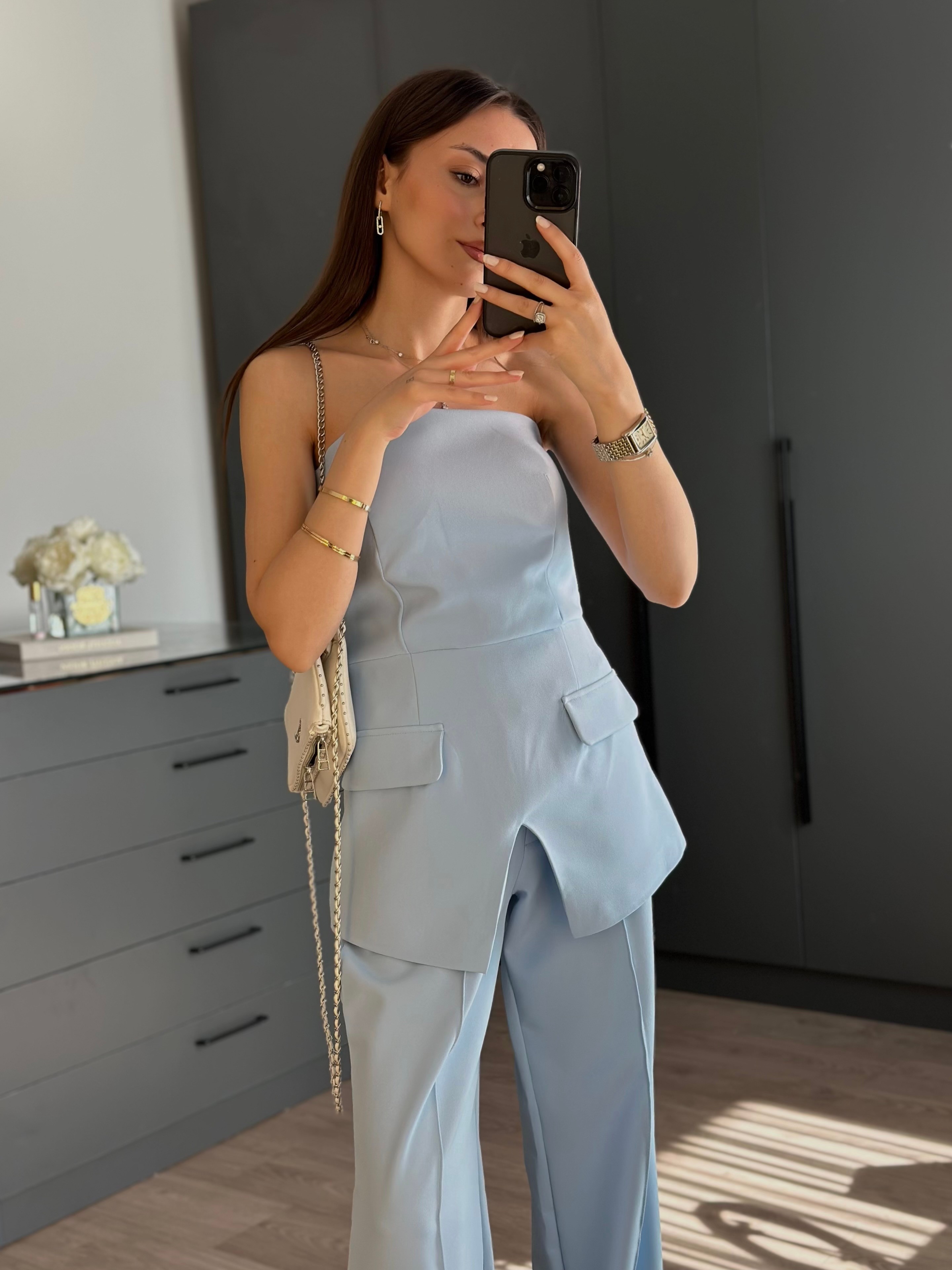 BEBE MAVİSİ STRAPLEZ TASARIM TAKIM