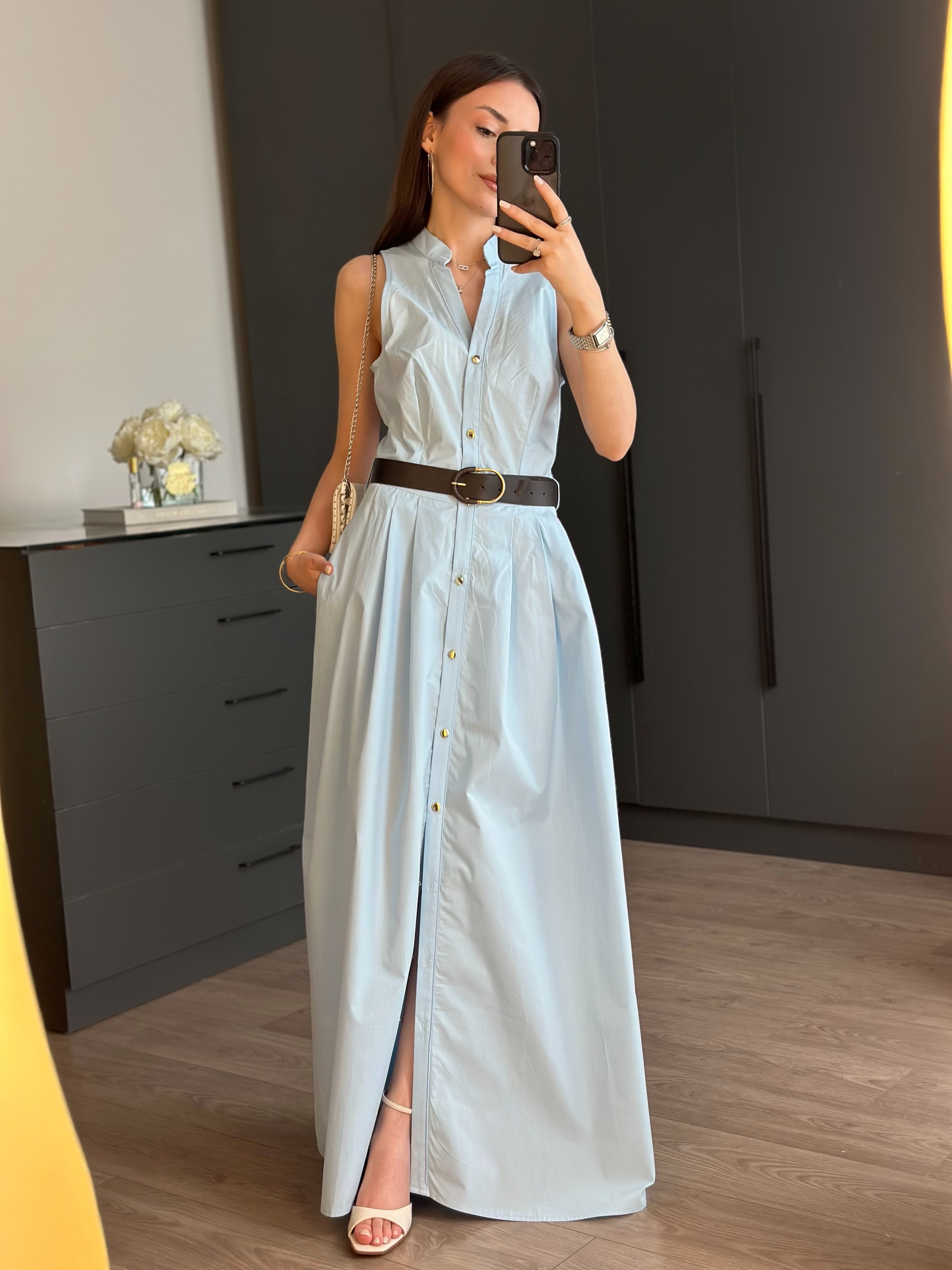 MOLYNA MAVİ KEMERLİ POPLİN ELBİSE