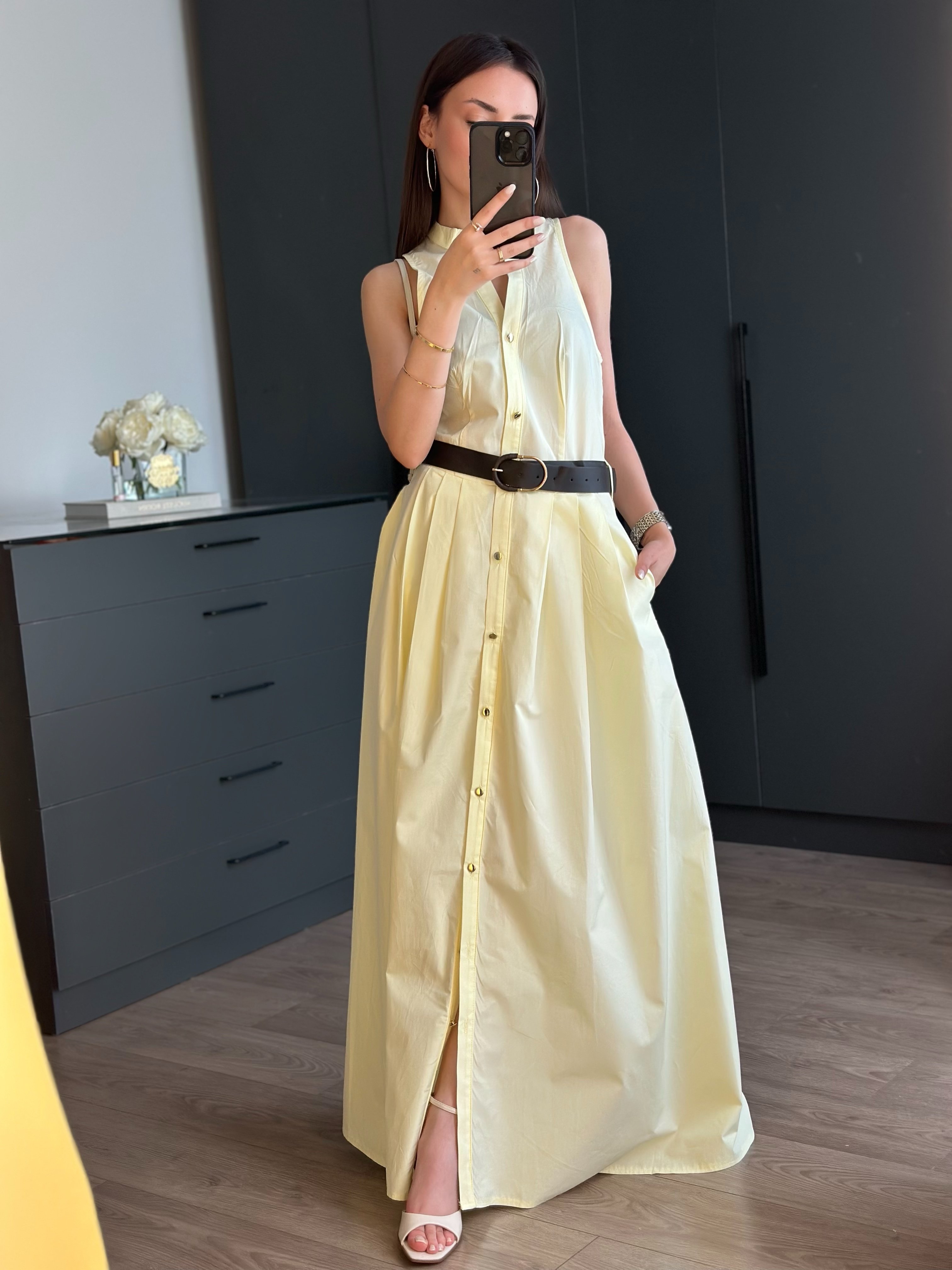MOLYNA SARI KEMERLİ POPLİN ELBİSE