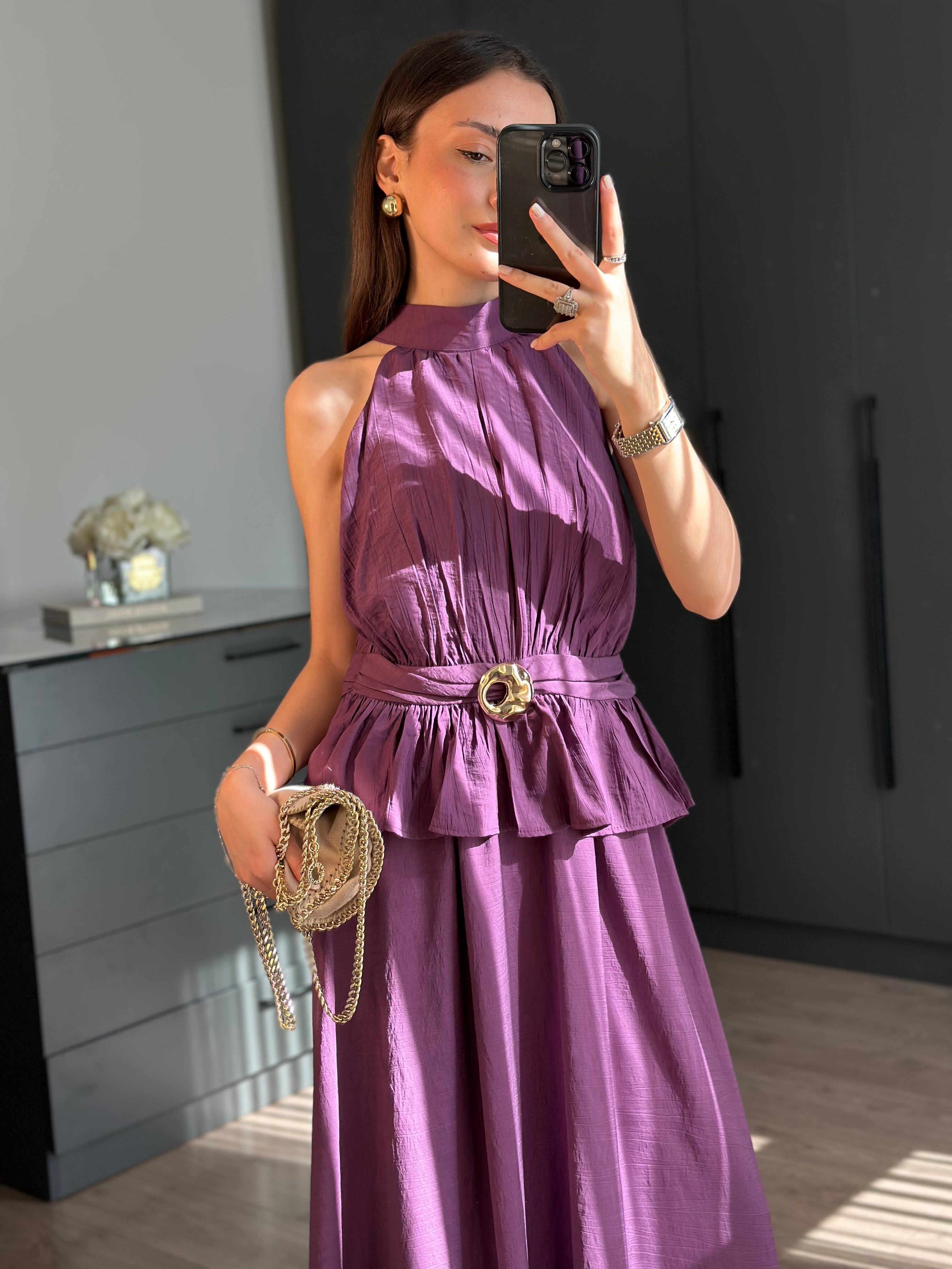 HALTER YAKA BLUZ ETEK MOR TAKIM