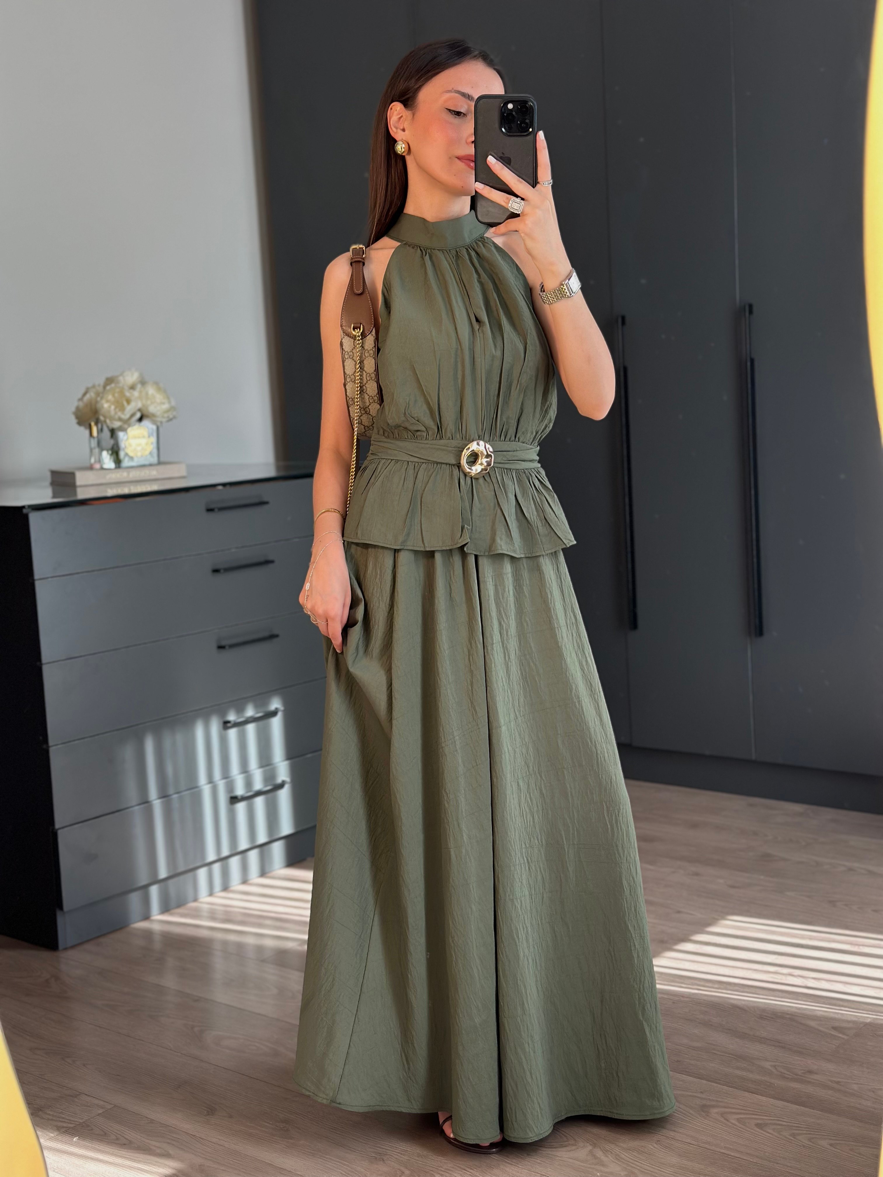 HALTER YAKA BLUZ ETEK HAKİ TAKIM