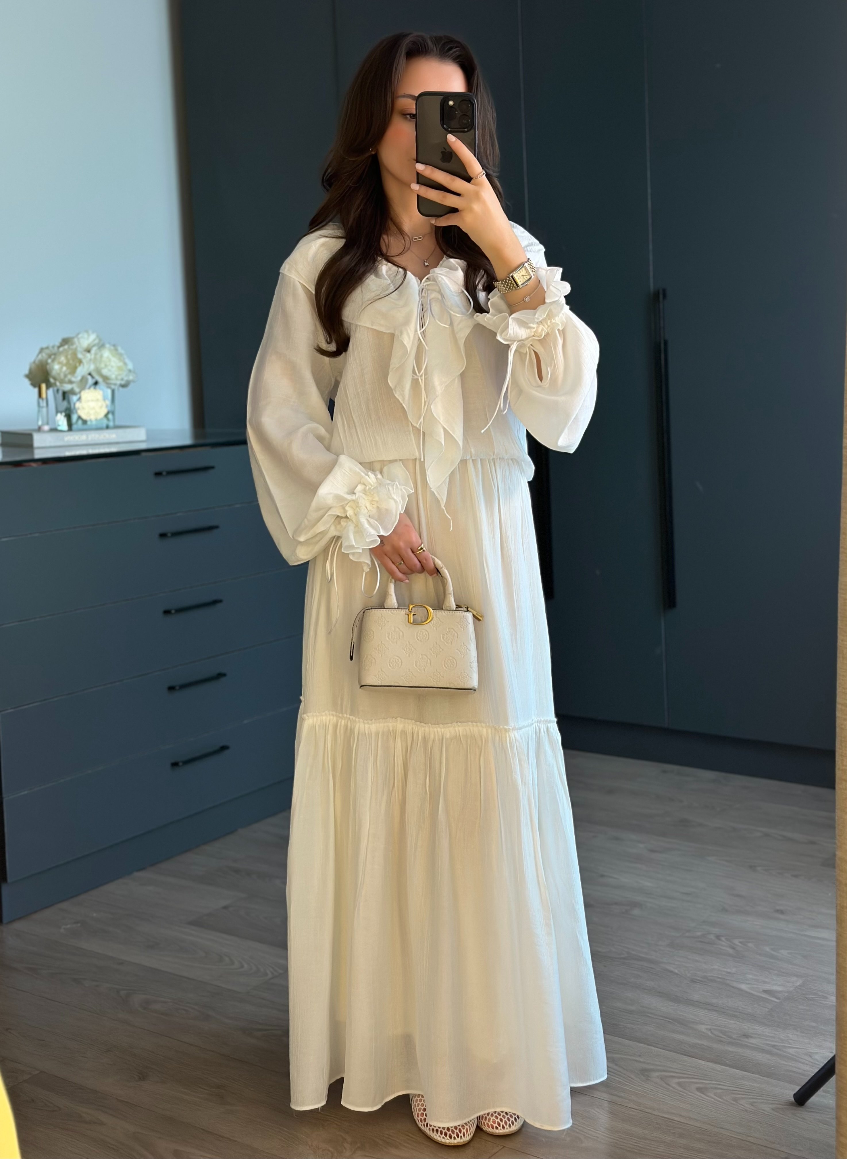BELLIS BEYAZ FIRFIRLI TASARIM MAXİ ELBİSE