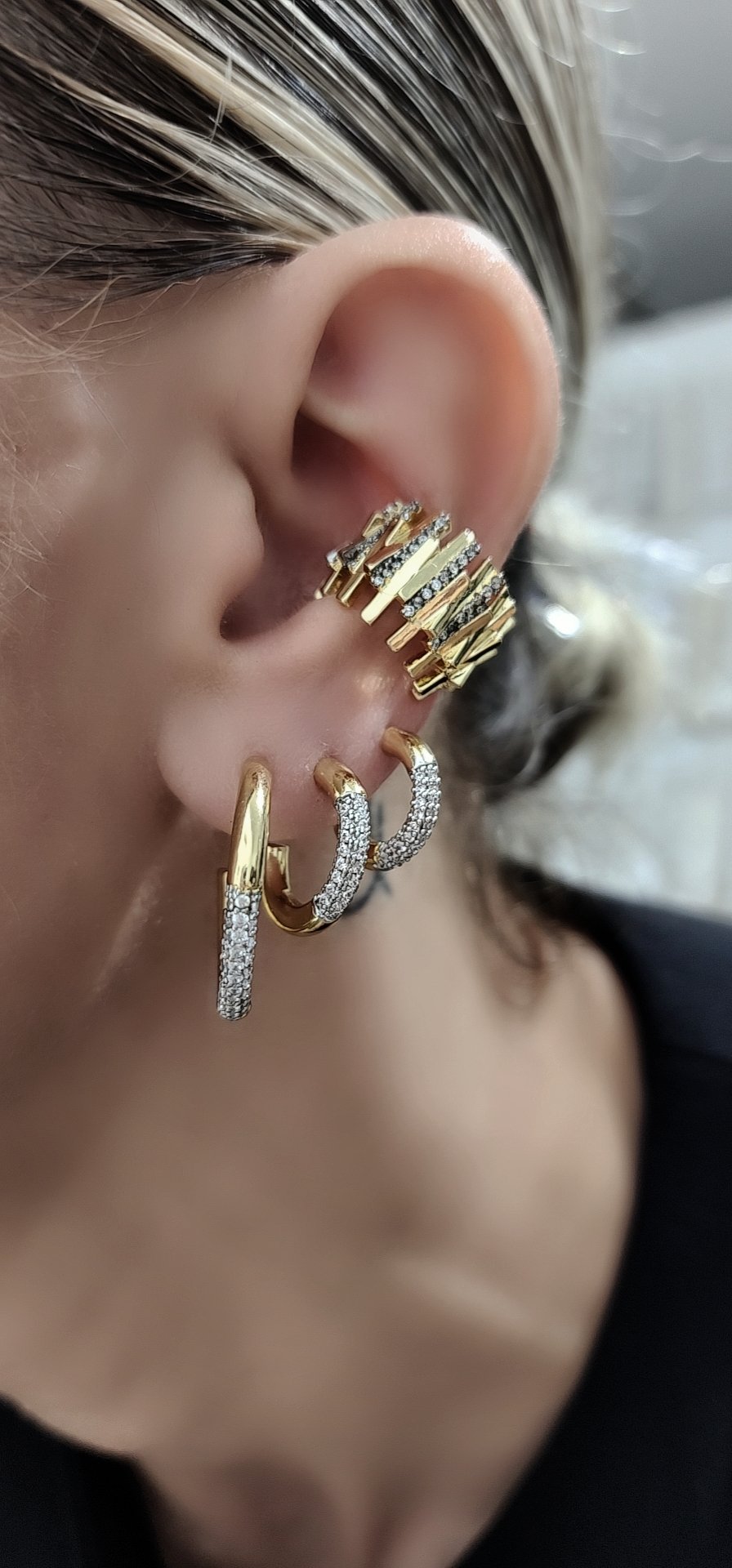 Gold Silver Zirkon Taşlı Halka Set Küpe