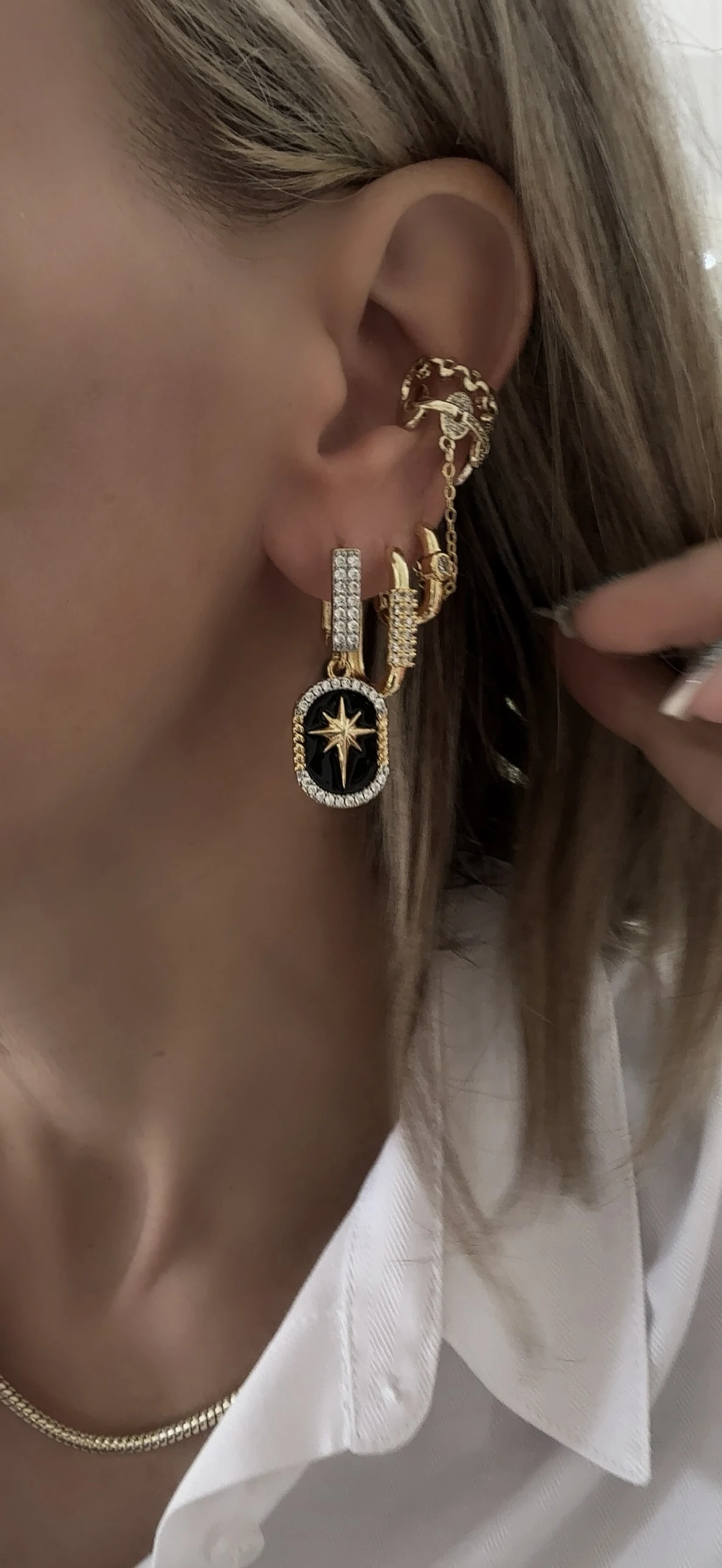 Gold Siyah Mineli Kutup Yıldızı Set Küpe 