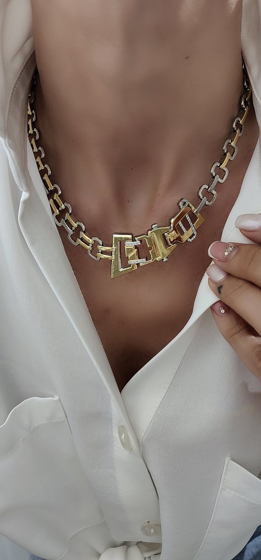 Gold Silver Premium Seri Plaka Taşlı Kolye