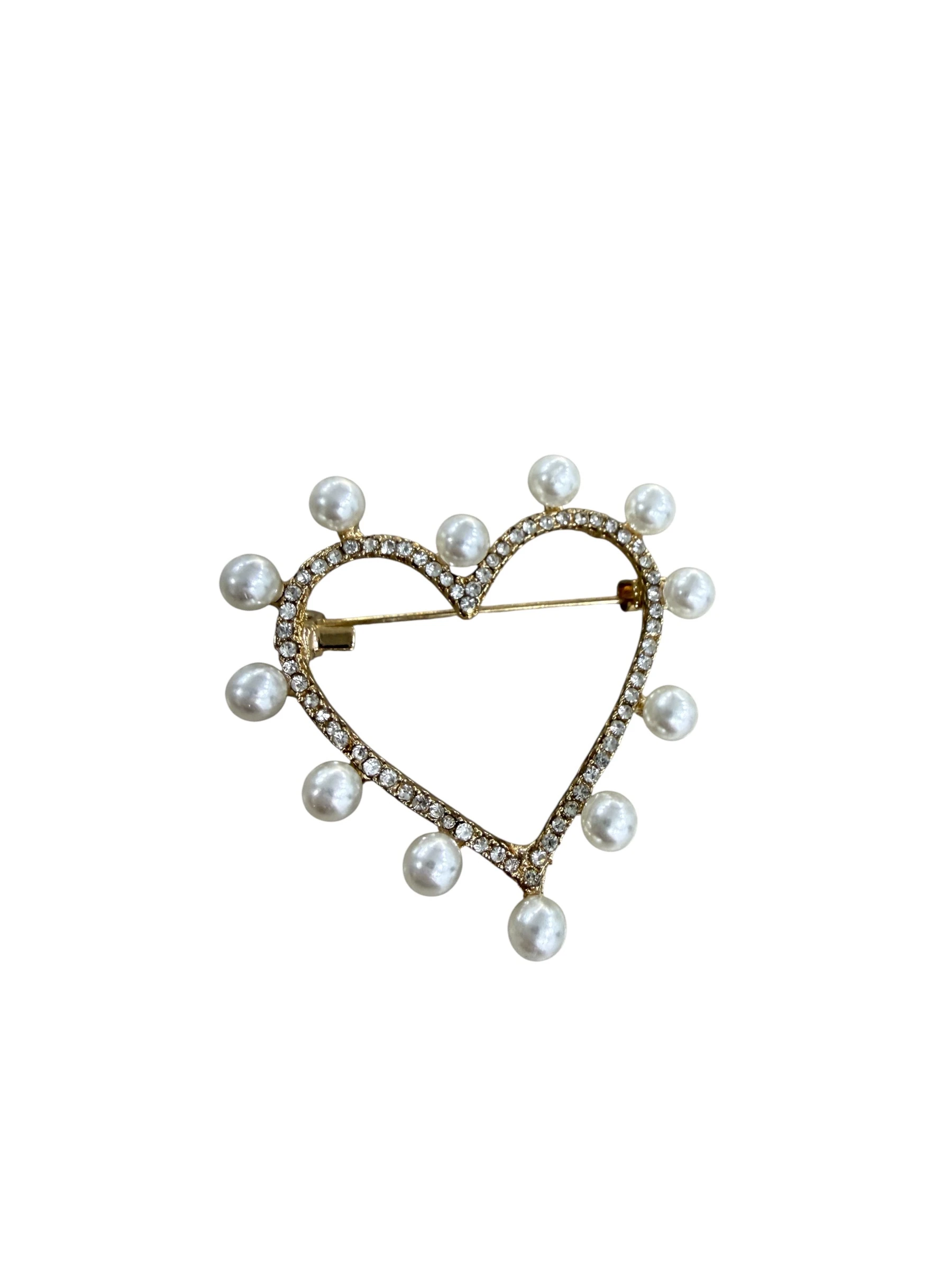 İnci Görünümlü Kalp Broş 