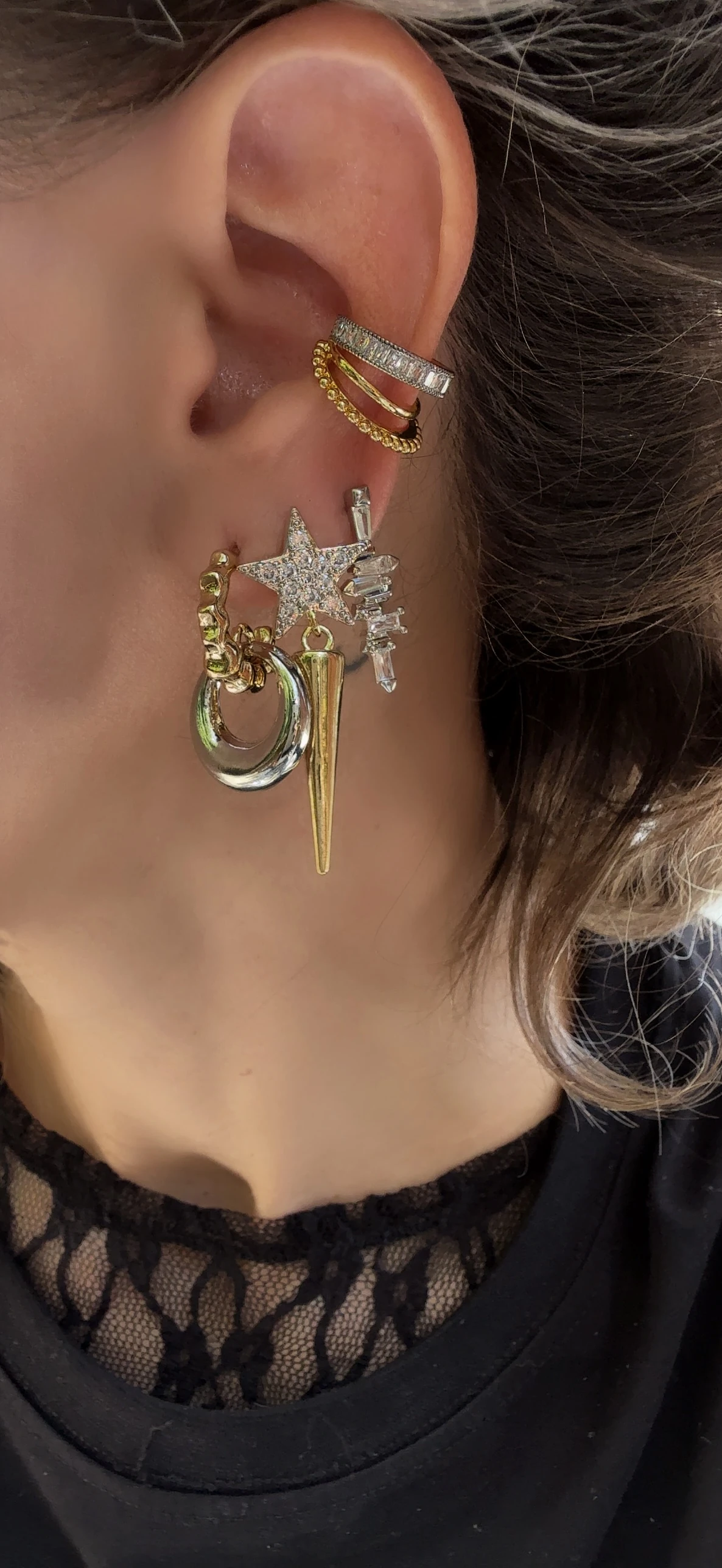 Gold Silver Yıldız Çubuk Sallantılı Küpe