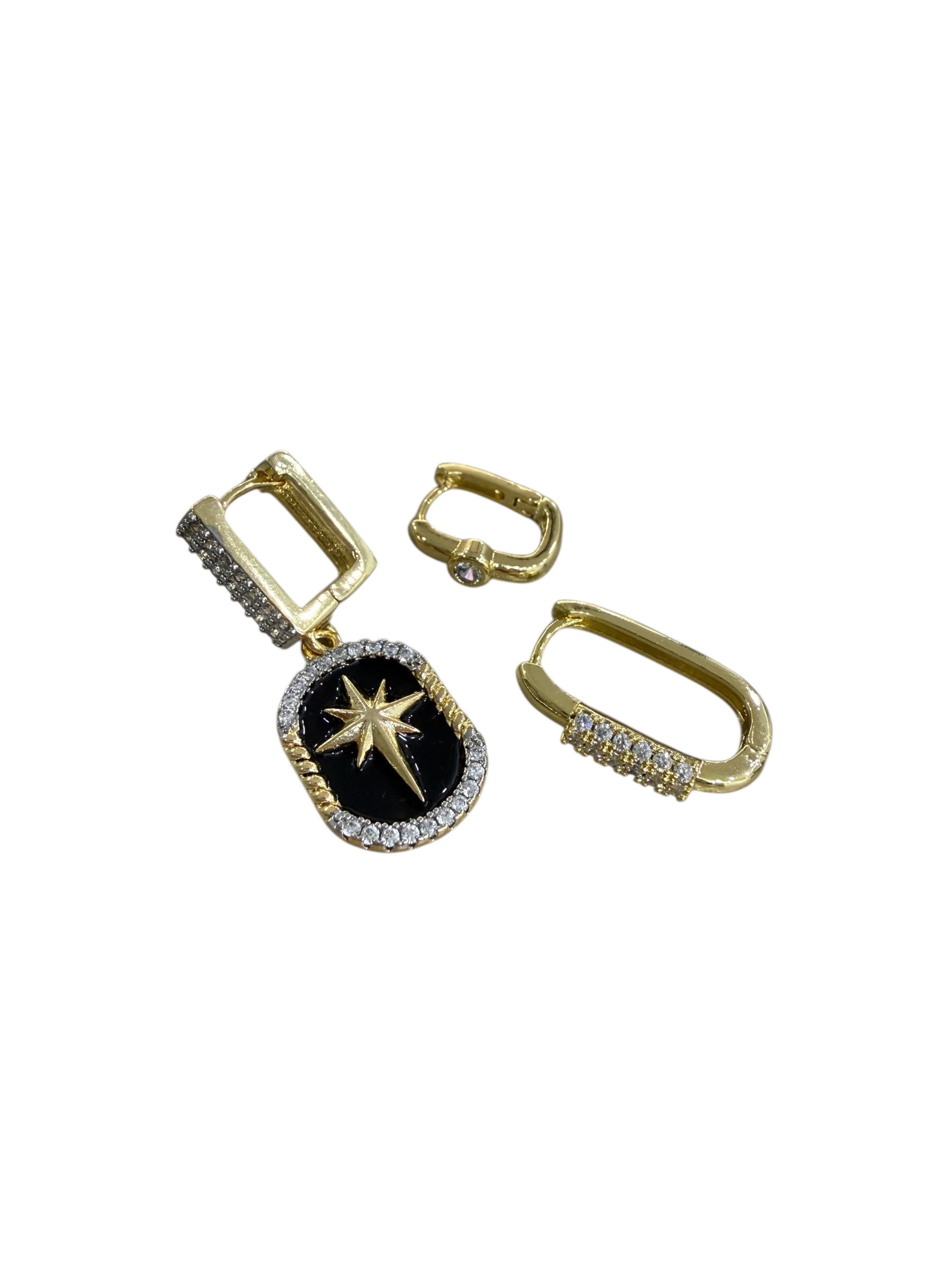 Gold Siyah Mineli Kutup Yıldızı Set Küpe 