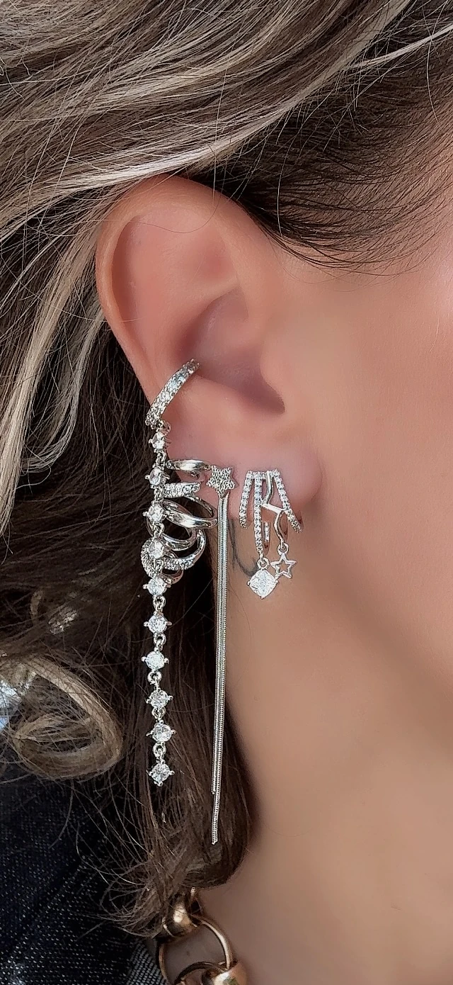 Silver Zirkon Taş Sallantılı Sıkıştırmalı Kıkırdak Küpe