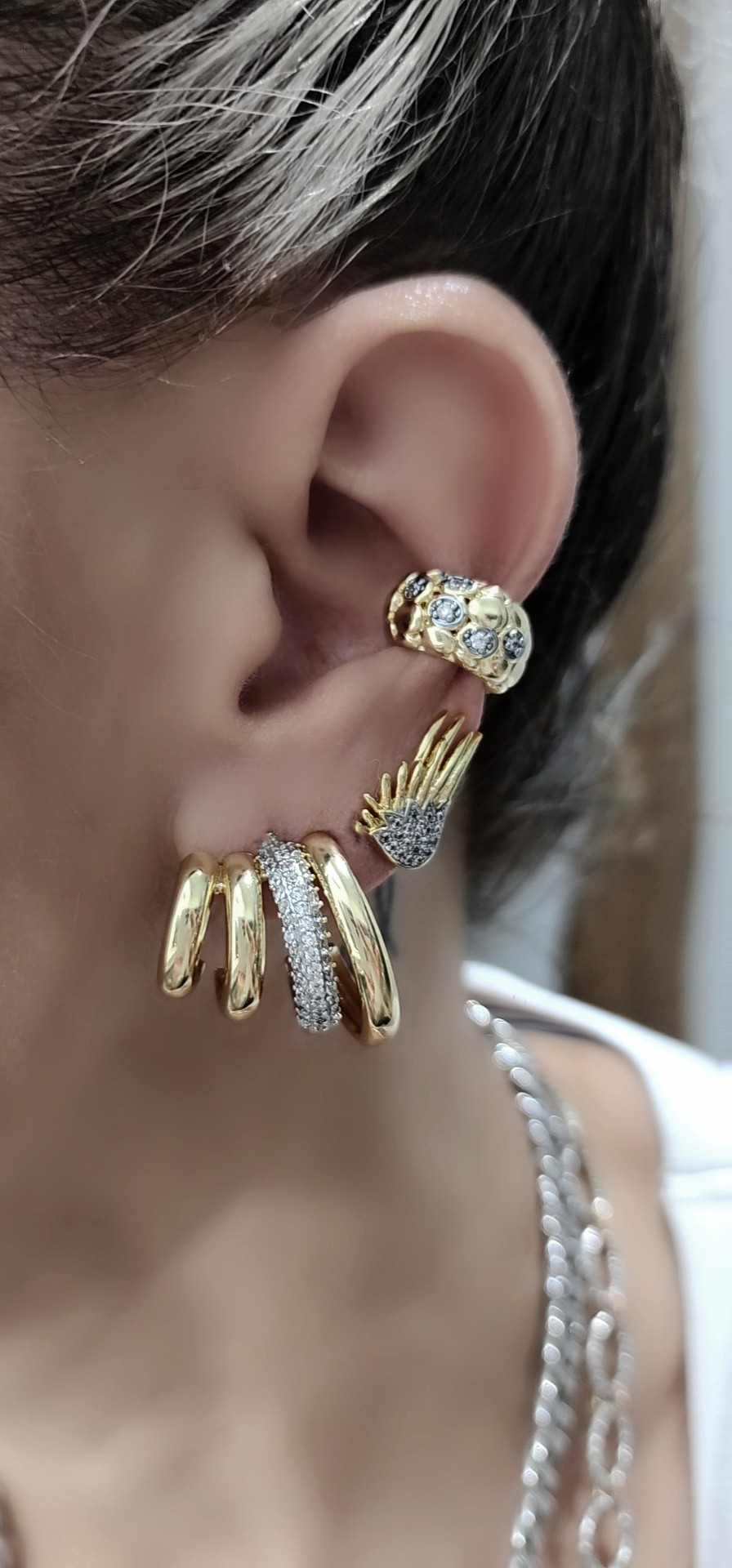 Gold Silver Zirkon Taşlı İri Çoklu Görünüm Küpe 