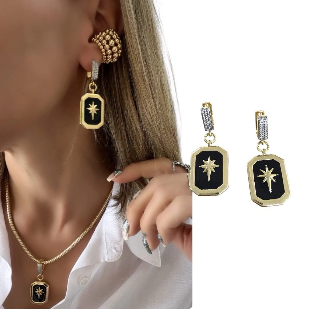 Gold Siyah Mineli Plaka Kutup Yıldızı Küpe