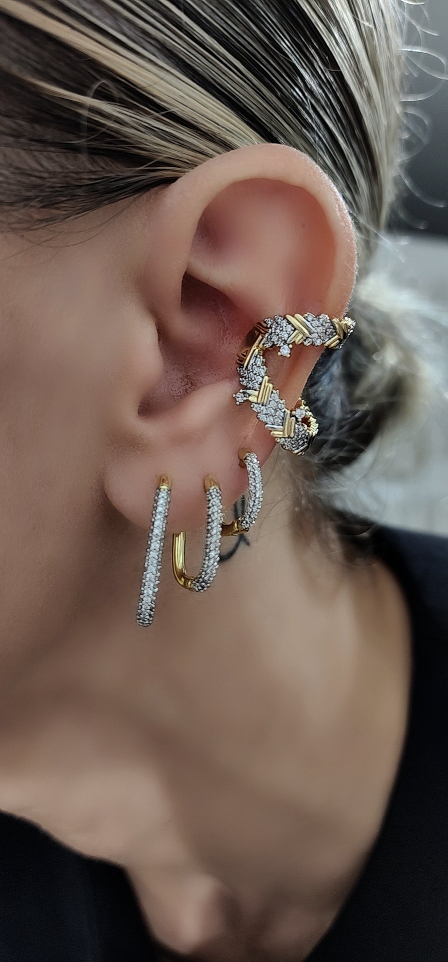 Gold Silver Zirkon Taşlı Gen Set Küpe