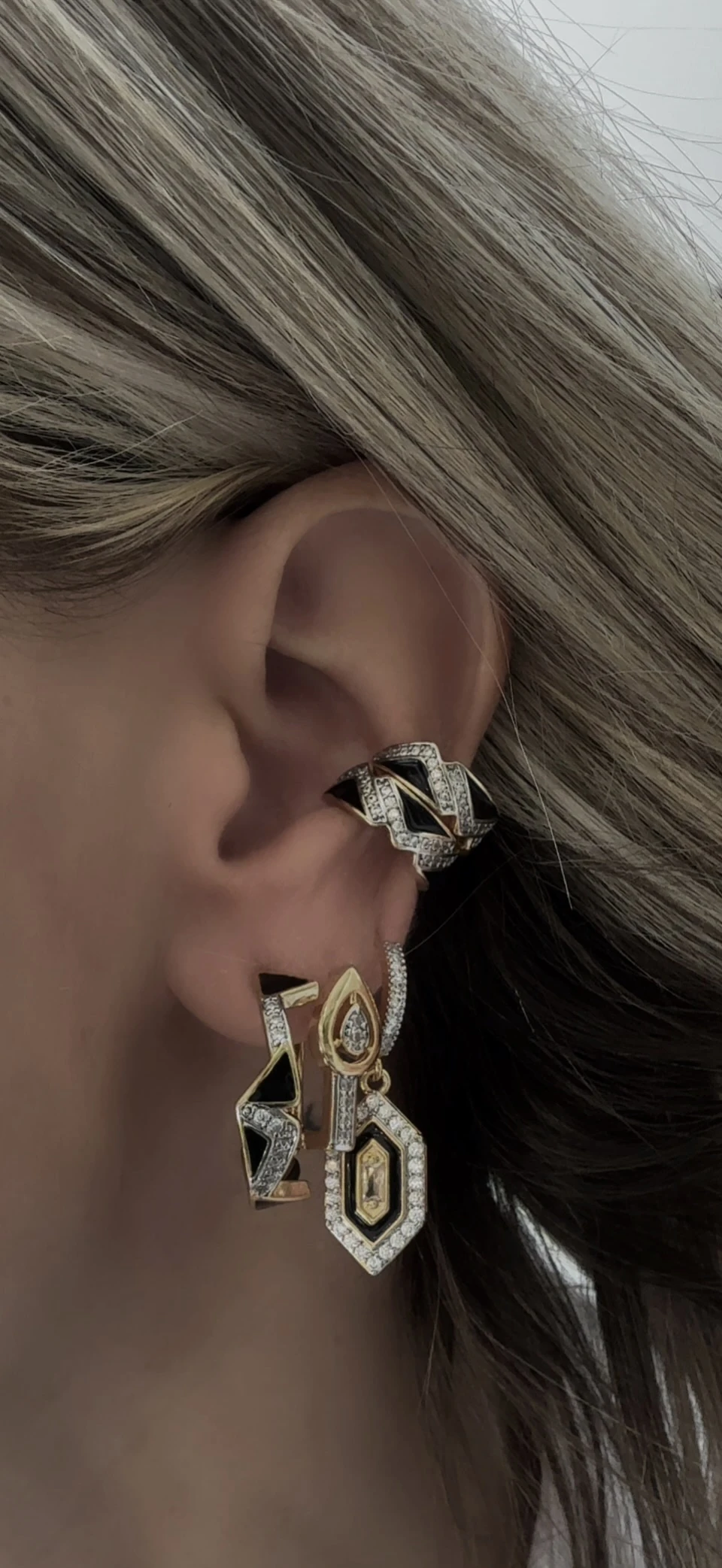 Gold Siyah Mineli Set Küpe 