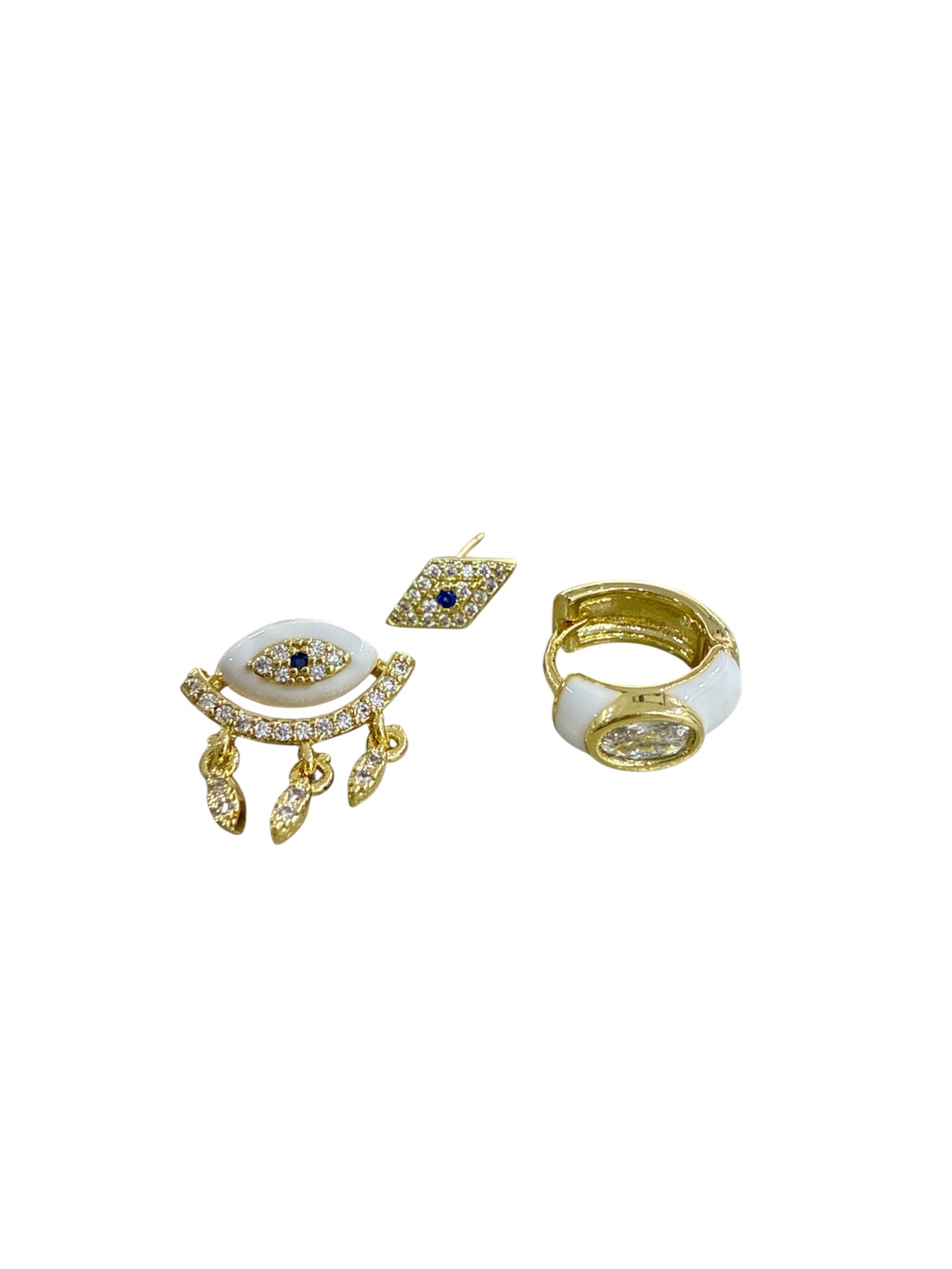 Gold Beyaz Mineli Göz Set Küpe 