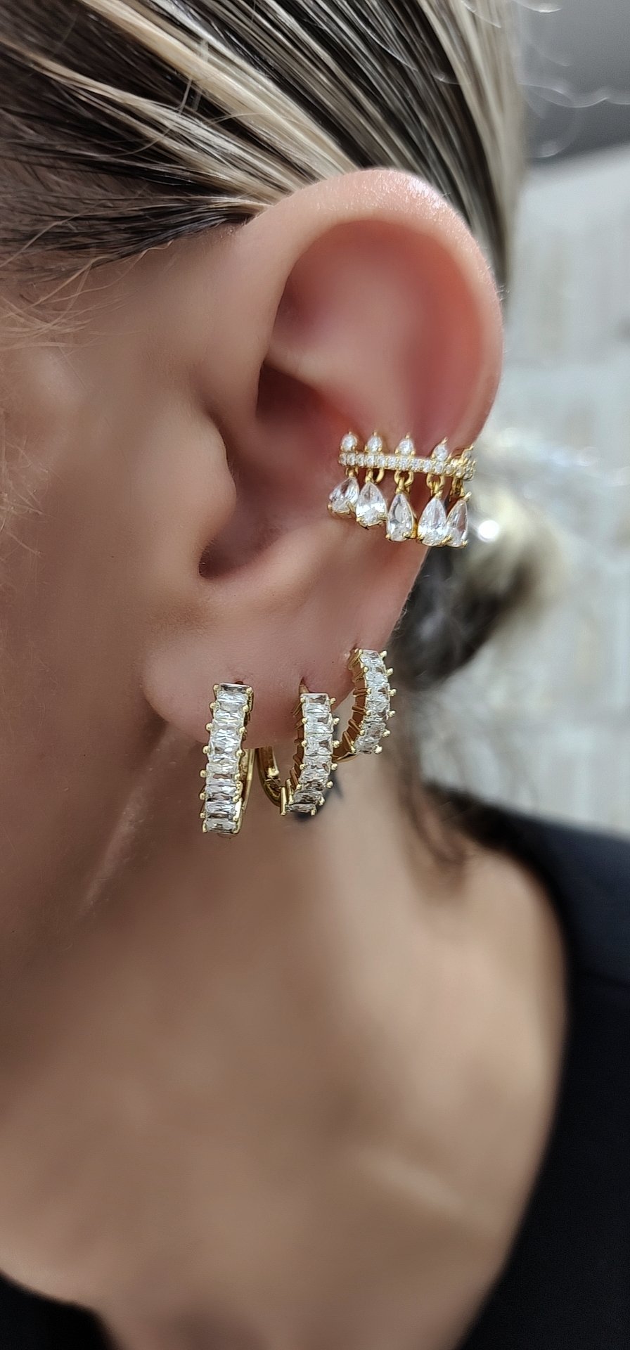 Gold Baget Taşlı Halka Set Küpe 