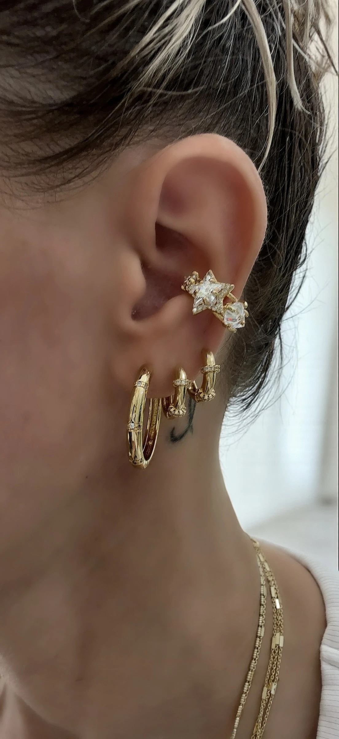 Gold Plaka Taş Geçiş Halka Set Küpe