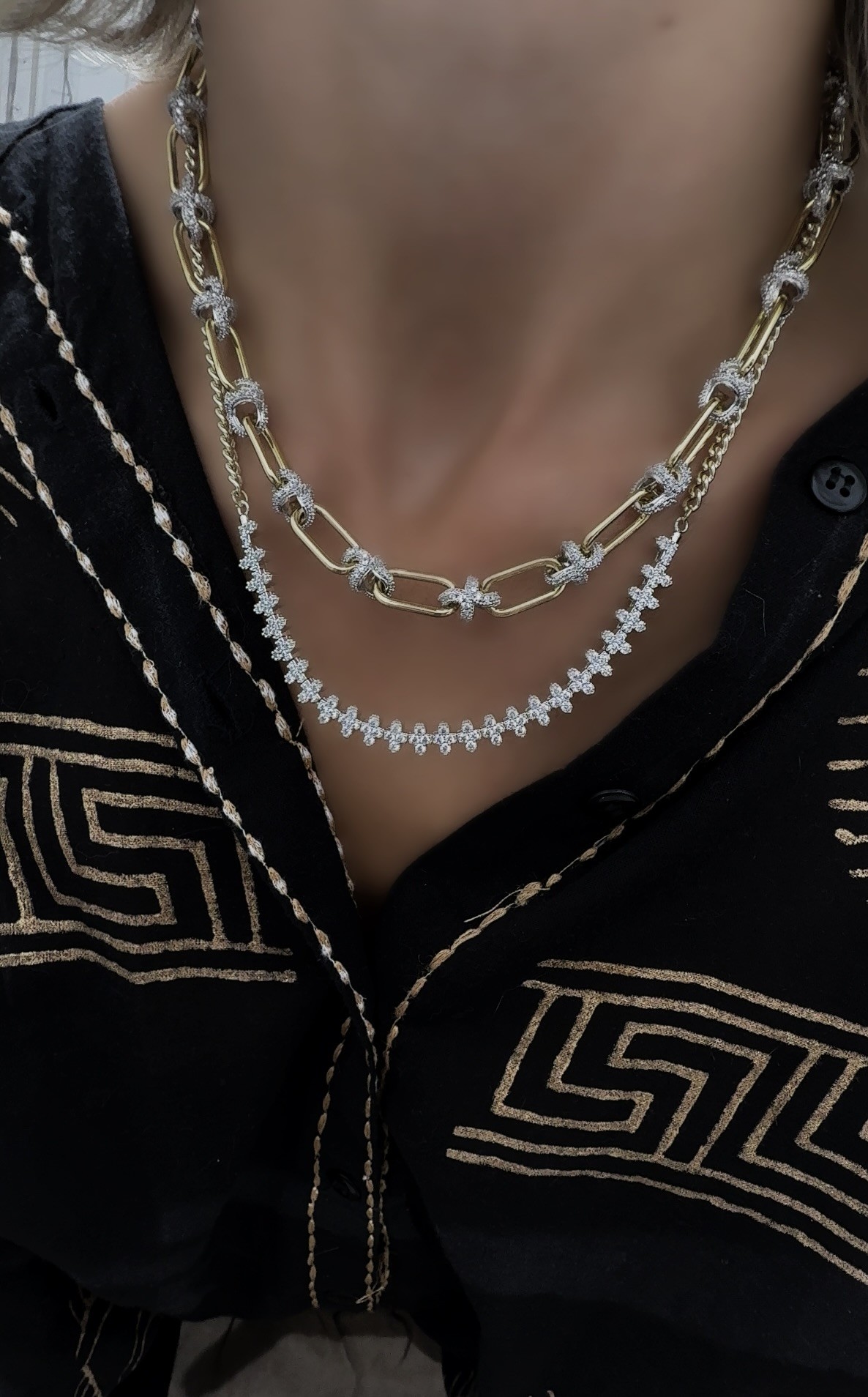 Gold Premium Seri Klasik Zincir Silver Taş Geçişli Kolye