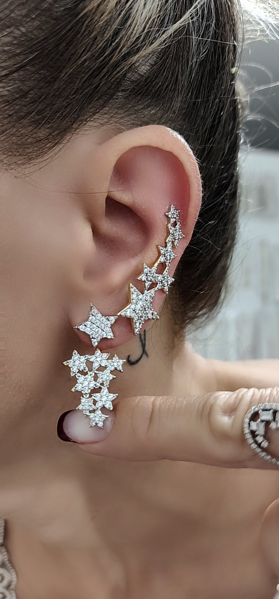 Gold Silver Zirkon Taşlı Double Star Küpe