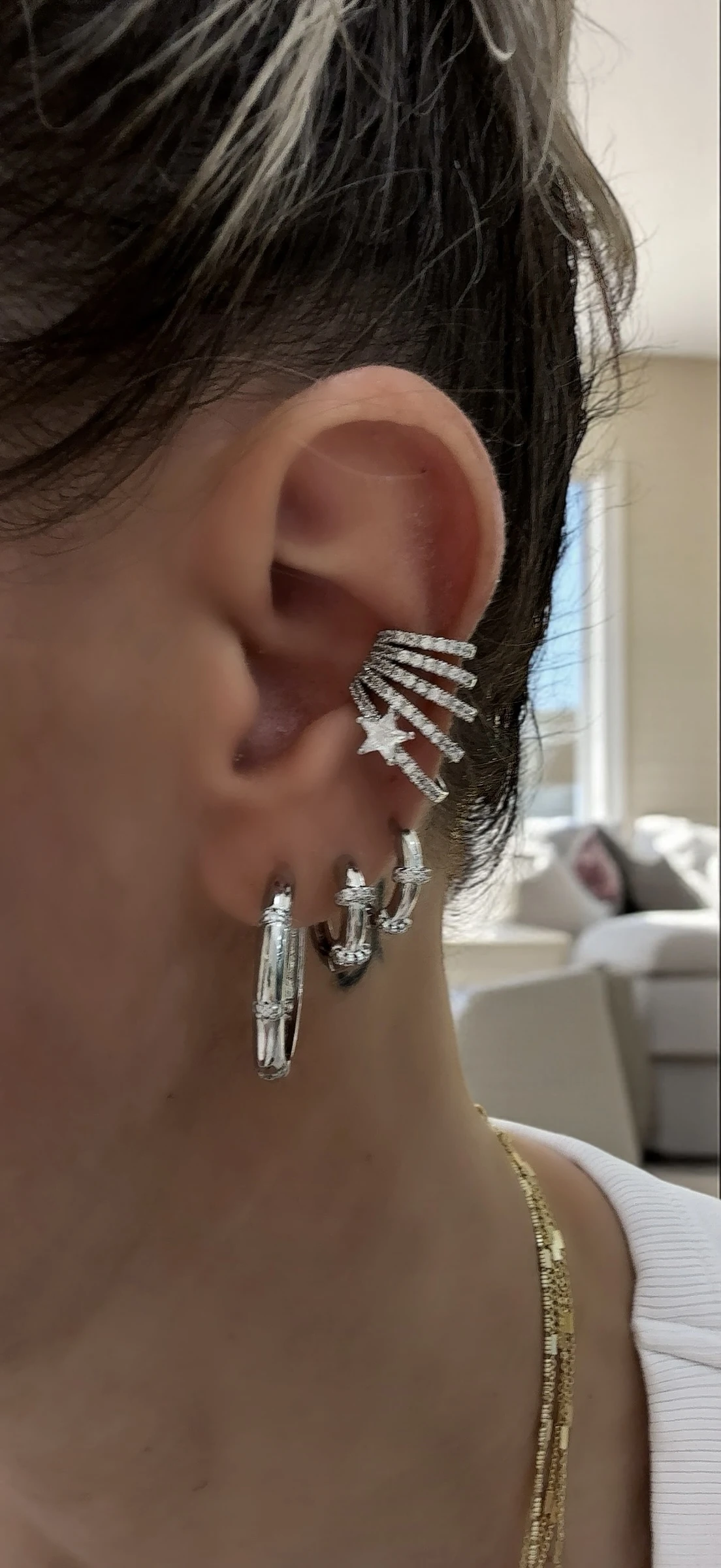 Silver Plaka Taş Geçiş Halka Set Küpe