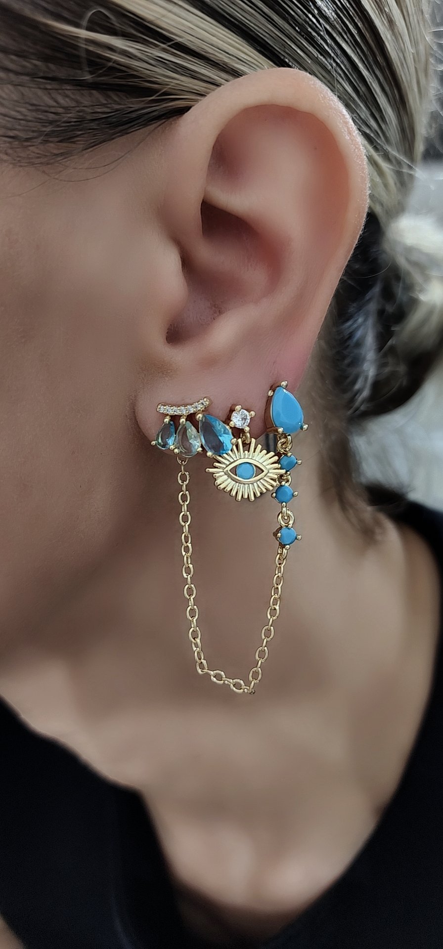 Gold Turkuaz Sallantılı Set Küpe