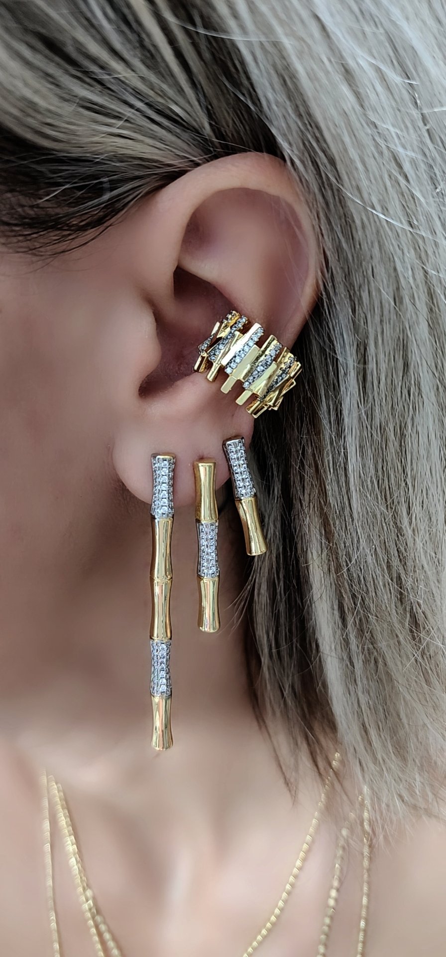 Gold Silver Zirkon Taşlı Set Küpe