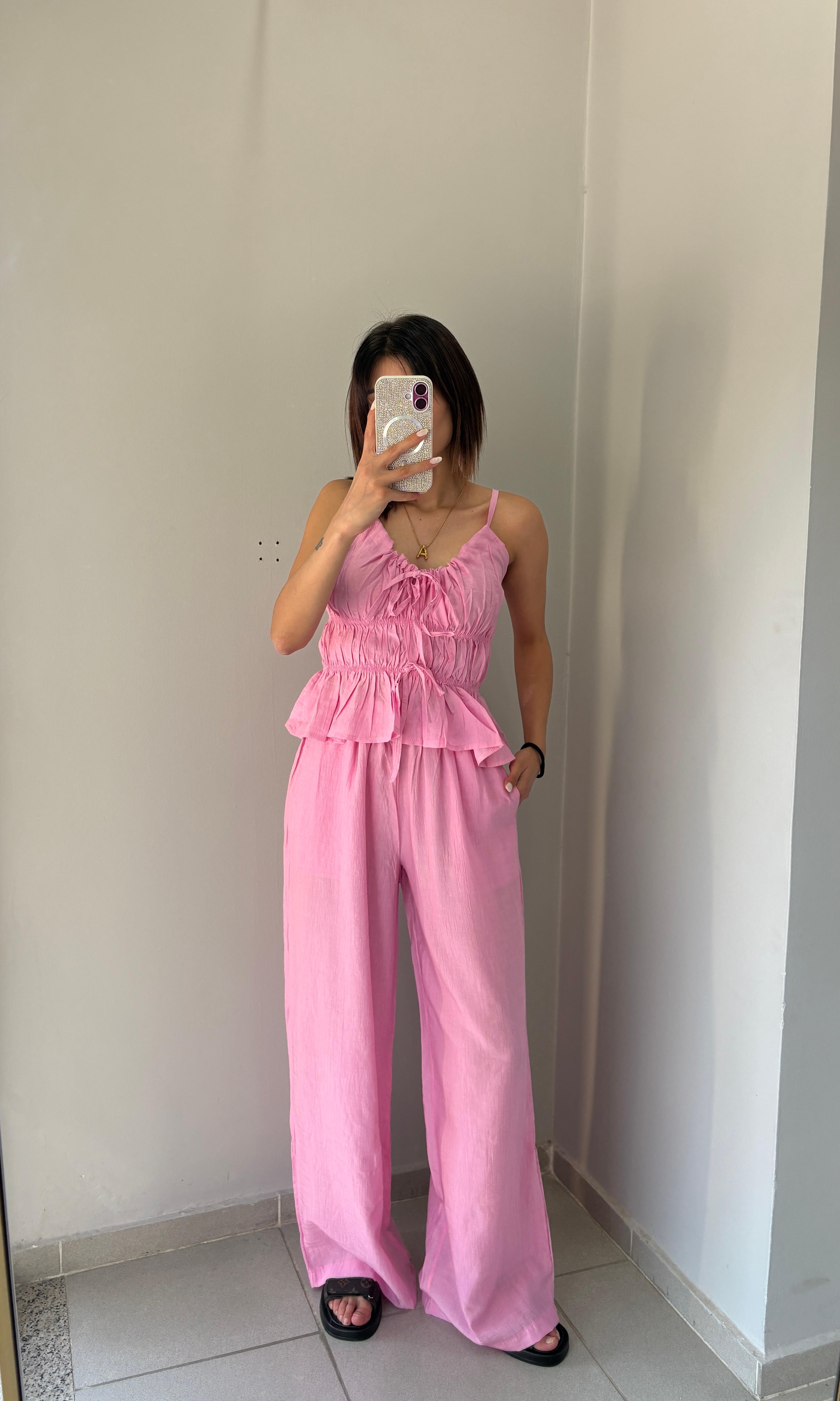 Büzgü Detay Askılı Takım - Pembe