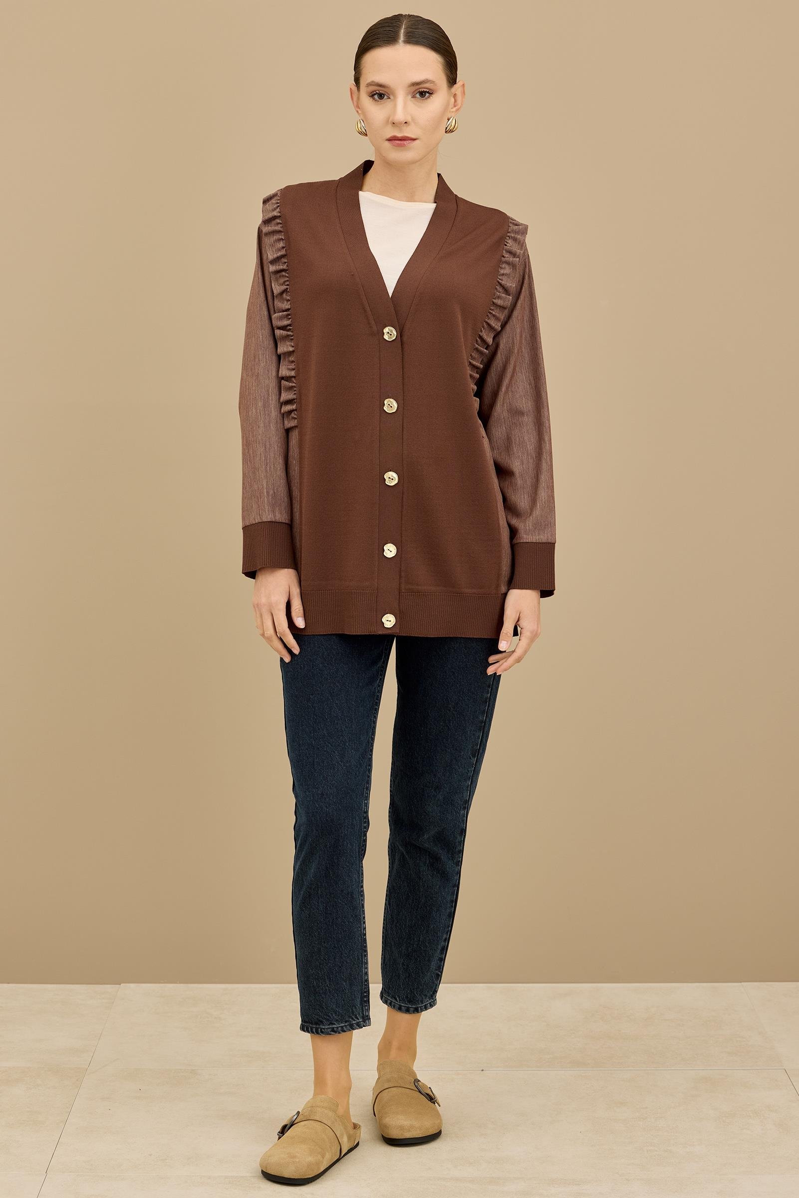 TIĞ TRİKO KOLU KOT DETAYLI TRİKO KOMBİNLİ HIRKA