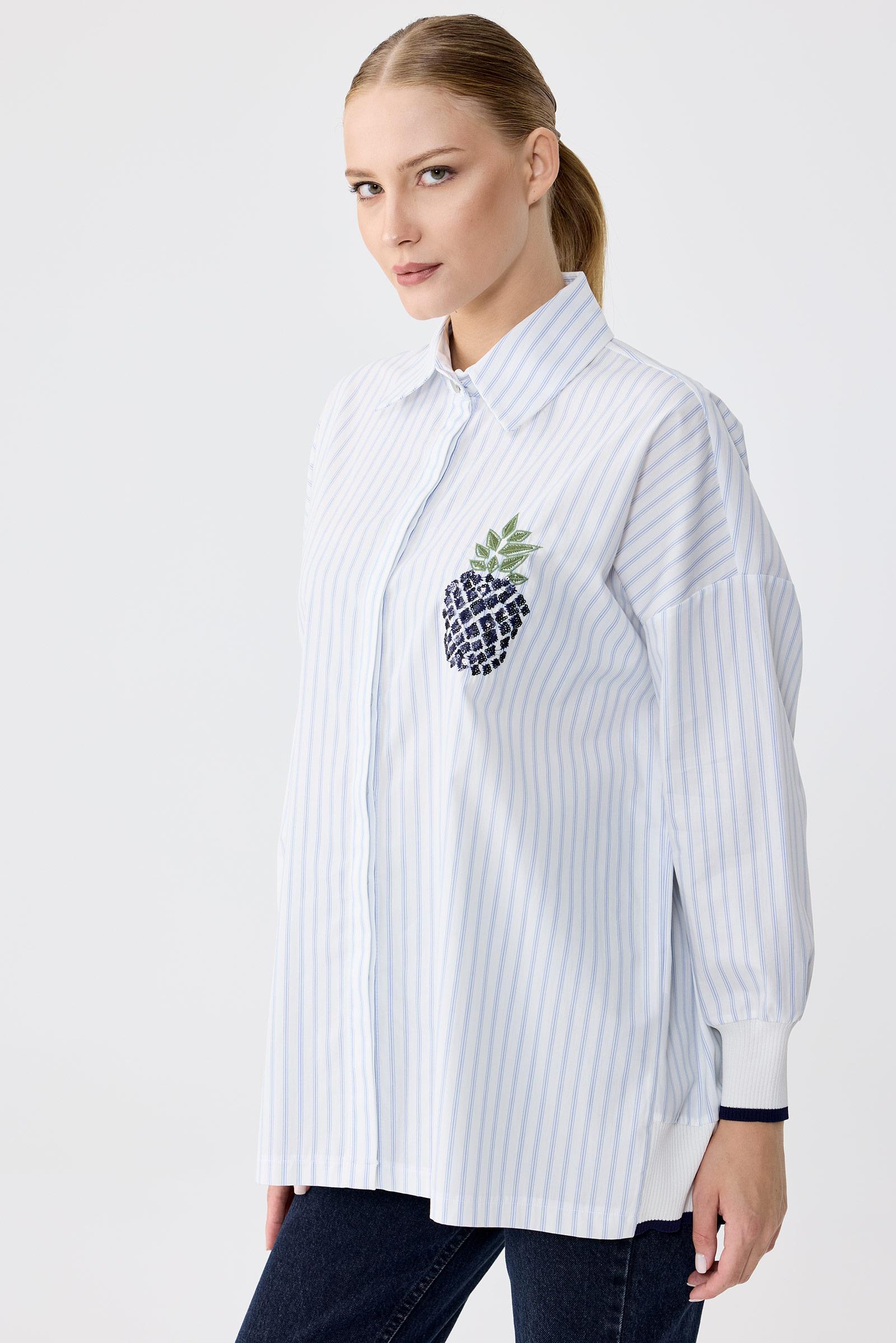 TRİKO RİBANA DETAYLI NAKIŞLI ÇİZGİLİ POPLİN GÖMLEK