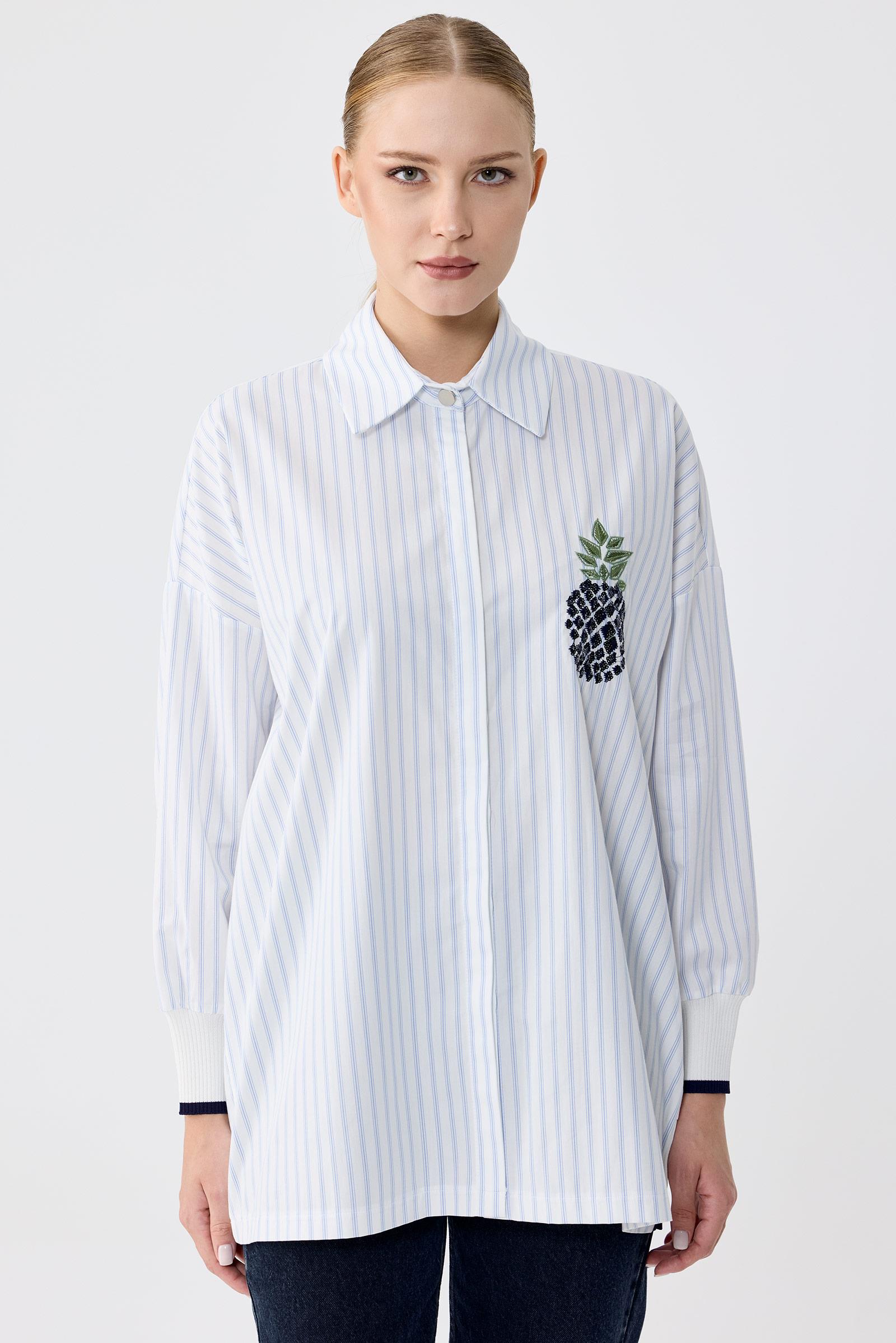 TRİKO RİBANA DETAYLI NAKIŞLI ÇİZGİLİ POPLİN GÖMLEK