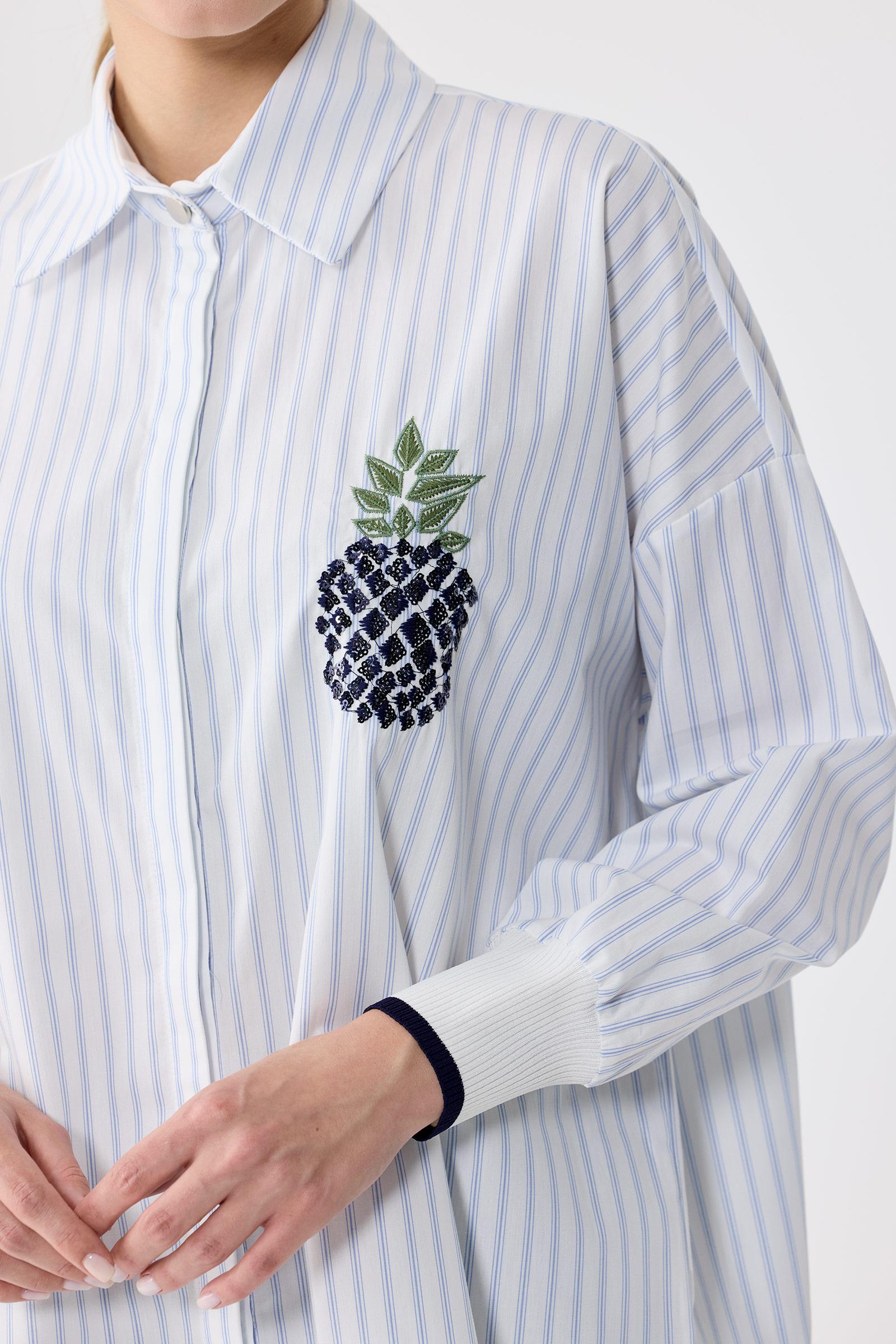 TRİKO RİBANA DETAYLI NAKIŞLI ÇİZGİLİ POPLİN GÖMLEK