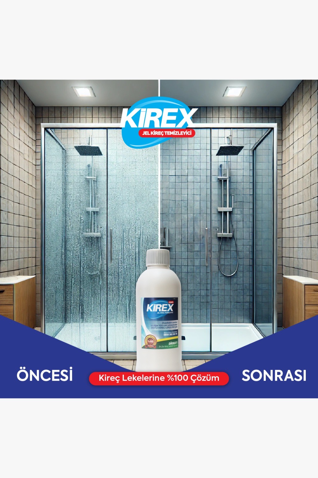 KİREX Jel Kireç Su Lekesi Çözücü - Duşakabin Ve Tüm Cam Yüzeylerde %100 Etkili Anında Parlak Çözüm
