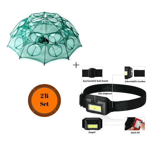 Kafa Bantlı Ayarlanabilir Led Işık + 16 Cepli Büyük Boy Balık Tuzağı