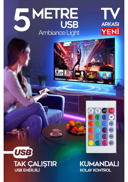 Şerit LED 5 Metre Animasyonlu Tak Çalıştır Kumandalı Trafolu Rgb Şerit Işık Ambiyans