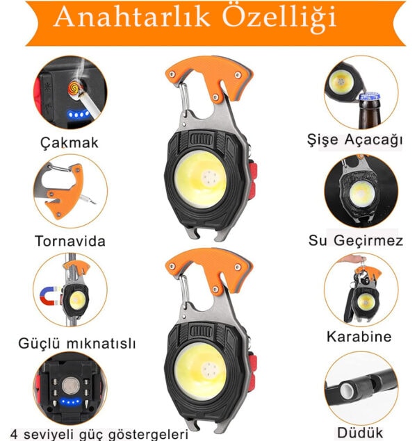 2 Adet Q-Max Çok Fonksiyonlu Mini Led Lamba Anahtarlık ve Çakmak USB Şarjlı Kamp İçin Taşınabilir Tam 7 Modlu