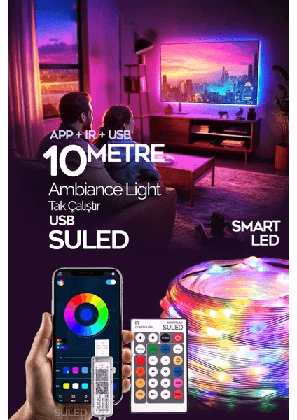 Tv Arkası 10 Metre Bluetooth Telefon Kontrollü Smart Şerit LED Sese Duyarlı Kumandalı LED Işık