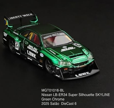 Mini GT LB-ER34 Super Silhouette Nissan Skyline Green Chrome 2025 Salao Diecast 6 Exclusive
