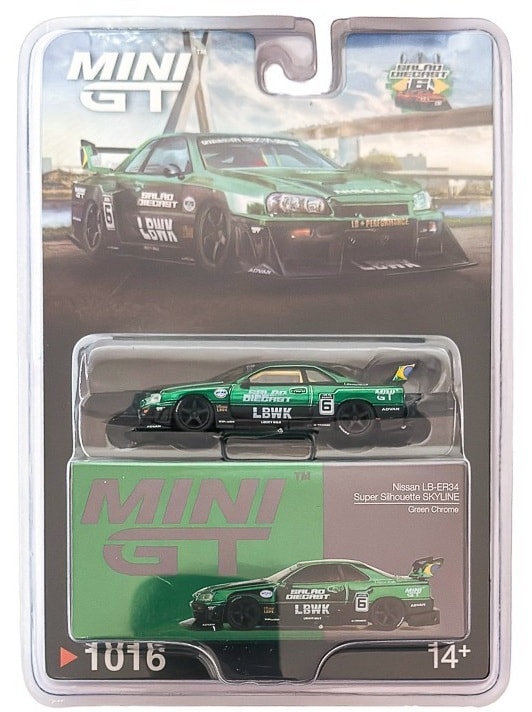 Mini GT LB-ER34 Super Silhouette Nissan Skyline Green Chrome 2025 Salao Diecast 6 Exclusive