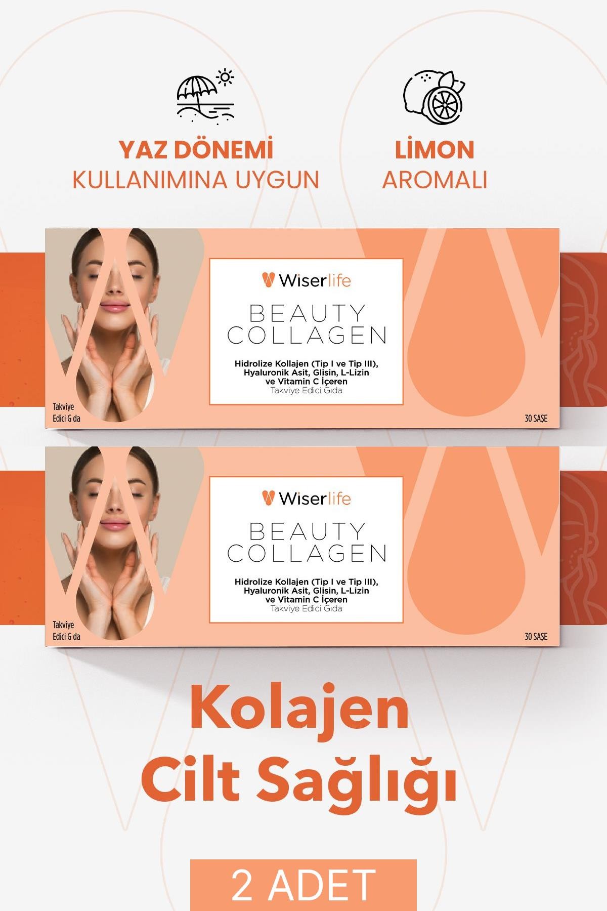 Wiserlife Beauty Collagen Hidrolize Kolajen Tip I-III Hyaluronik Asit Glisin L-Lizin ve Vitamin C İçeren Takviye Edici Gıda 30 Saşe 2 ADET