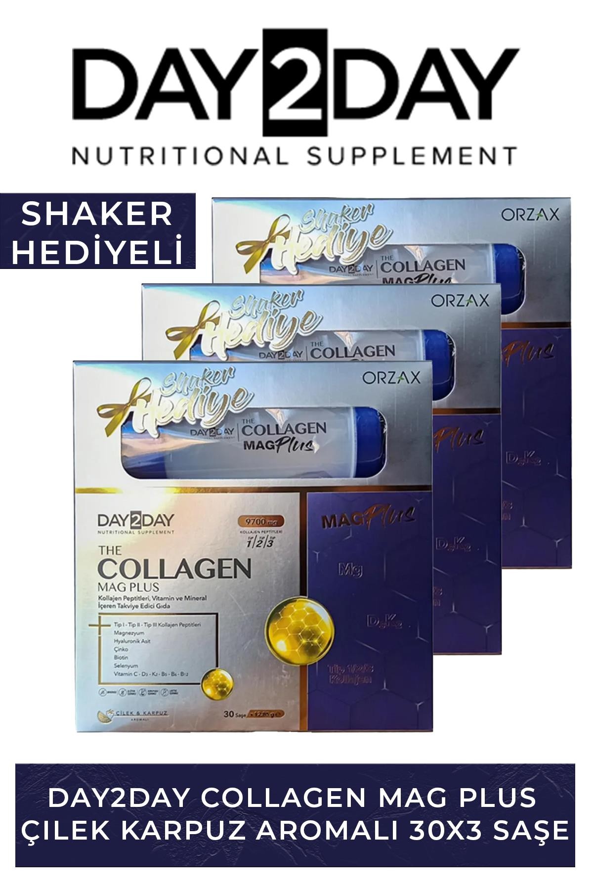 Day2Day Collagen Mag Plus Çilek Karpuz Aromalı 30 Saşe + Shaker Hediyeli 3 Adet