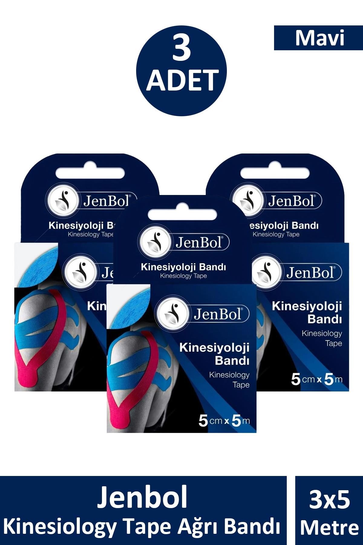 Jenbol Kinesiology Tape Ağrı Bandı 5 cm x 5 m - Mavi 3 Adet