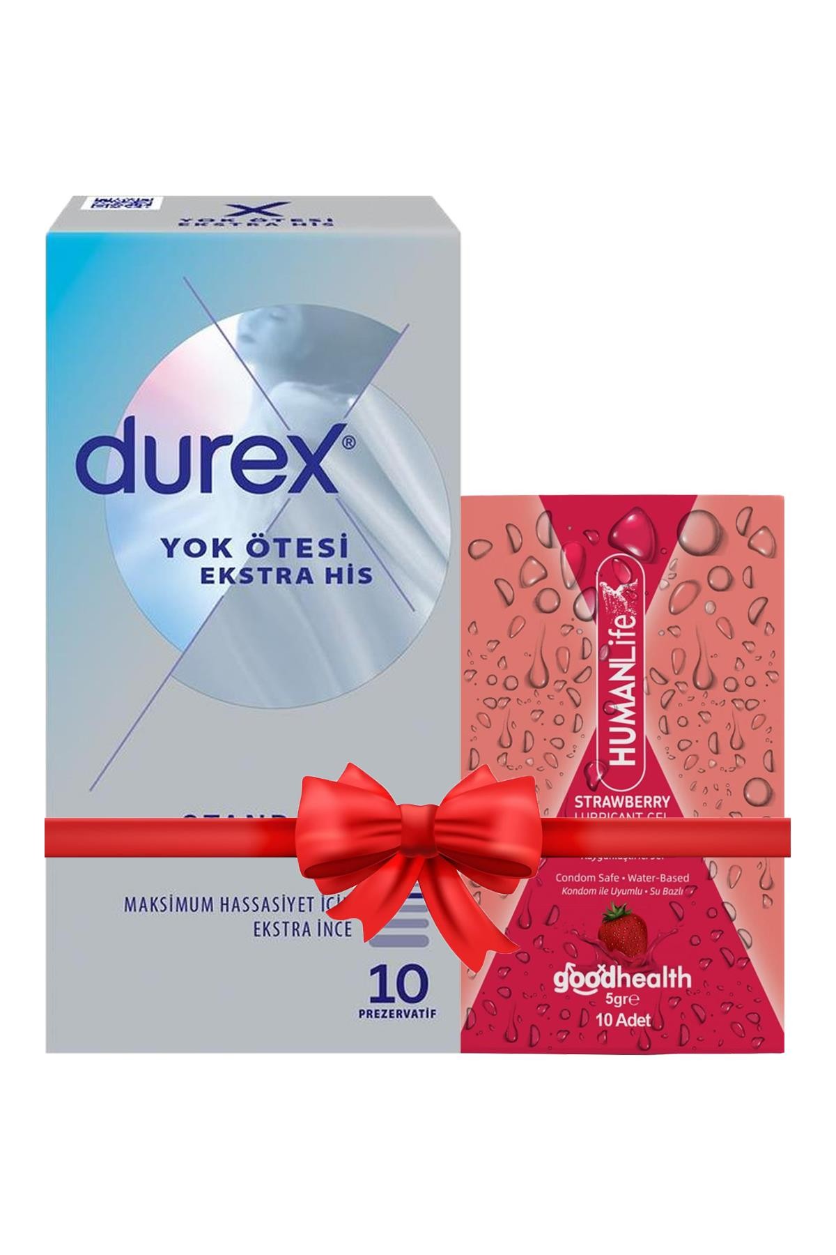 Durex Yok Ötesi Ekstra İnce Ekstra His 10'lu Prezervatif + HumanLife 5 gr X 10 Çilek Aromalı Jel Lubricant