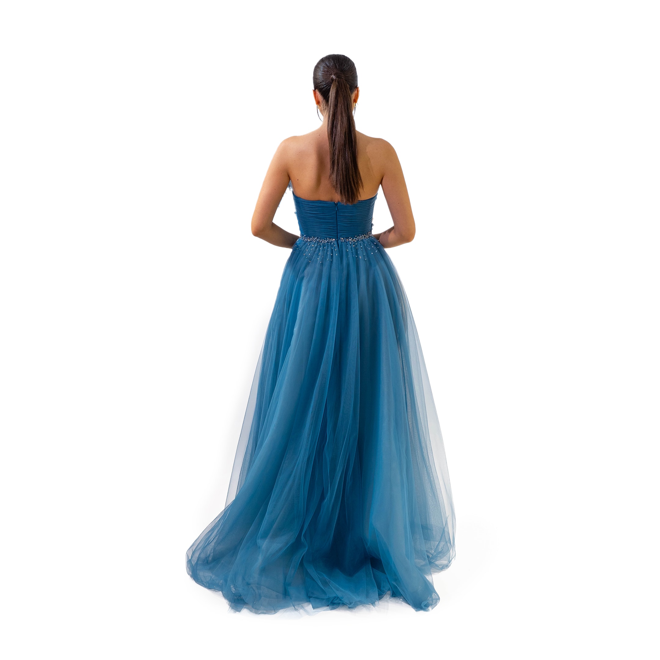 Alacarte Plise Yaka Detaylı Tül Helen Model Uzun Turkuaz Elbise