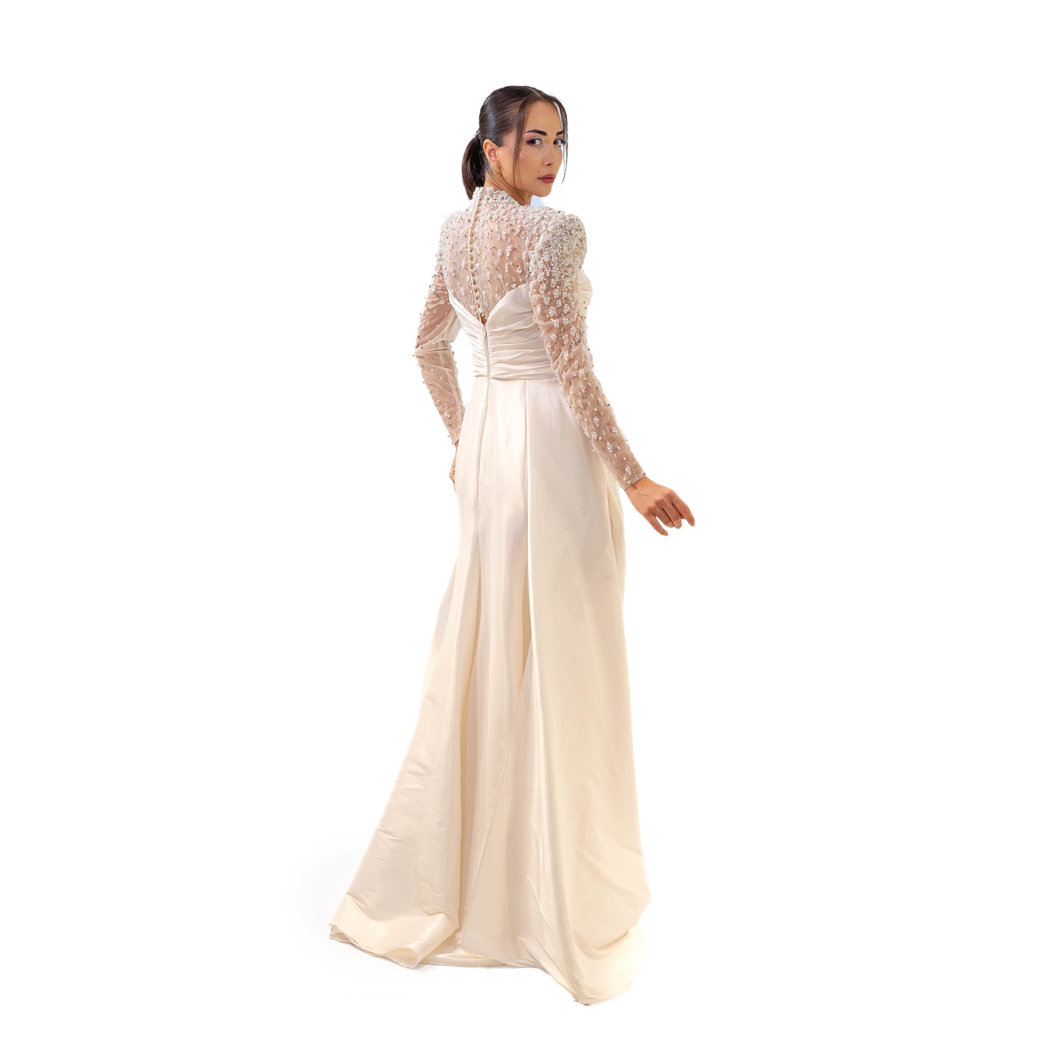 Kuğu Uzun Kollu Nakış Detaylı Likralı Tafta Ekru Balık Elbise