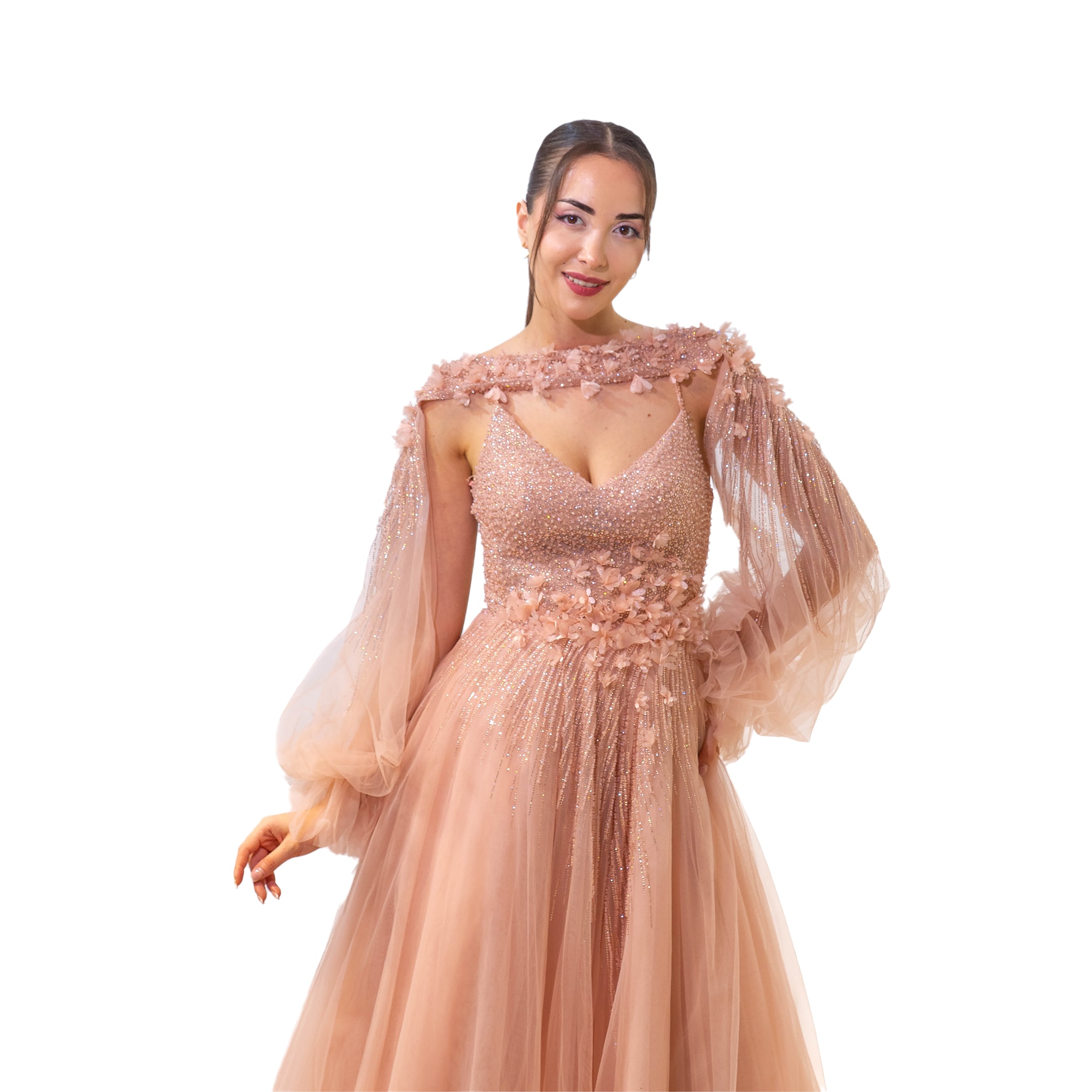 Alacarte Helen Etek Komple Boncuk Nakış Kol Detaylı Pudra Elbise