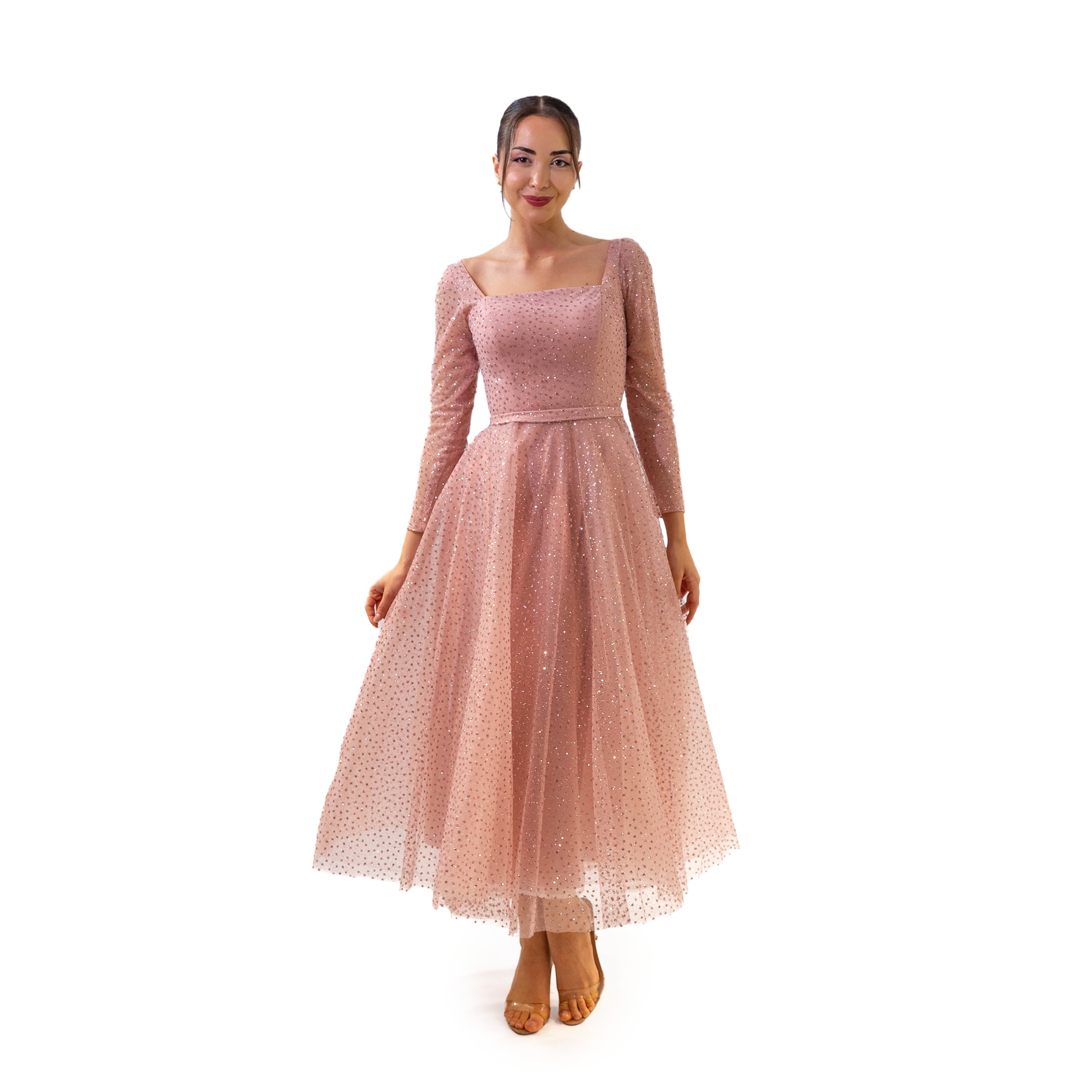 Maya Kare Yaka Kollu Simli Kloş Midi Boy Pembe Elbise