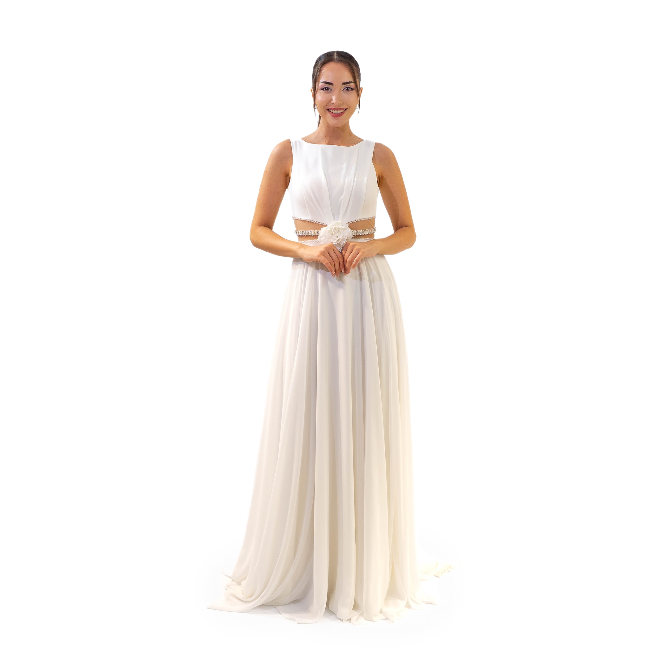 Kuğu Şifon Bel Dekolteli Uzun Ekru Elbise