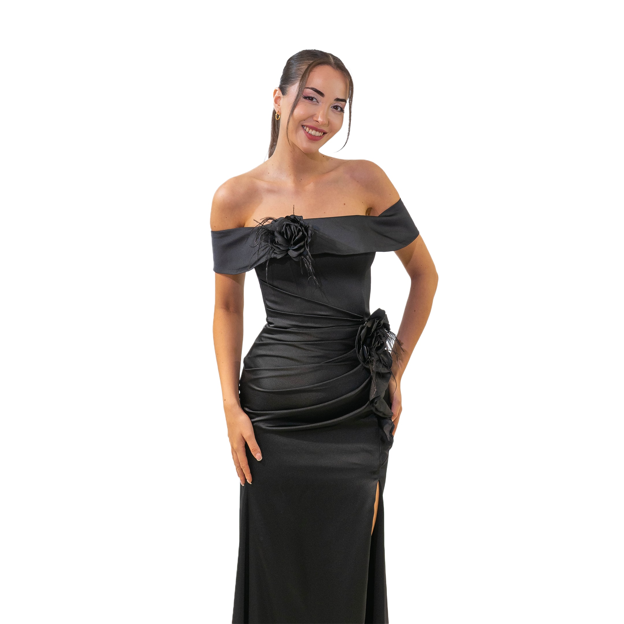 Büyüleyici Kayık Yaka Saten Yırtmaçlı Siyah Elbise