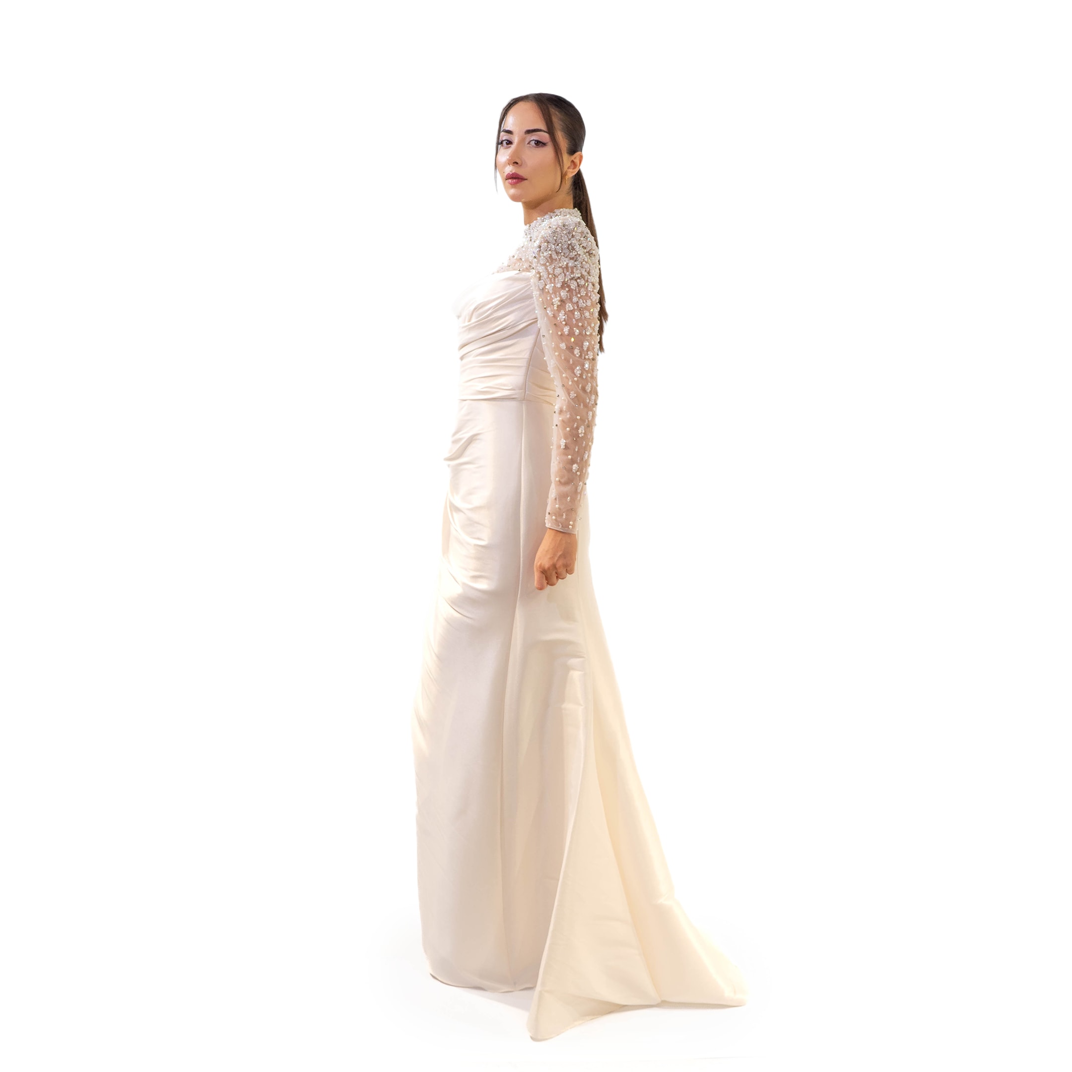 Kuğu Uzun Kollu Nakış Detaylı Likralı Tafta Ekru Balık Elbise