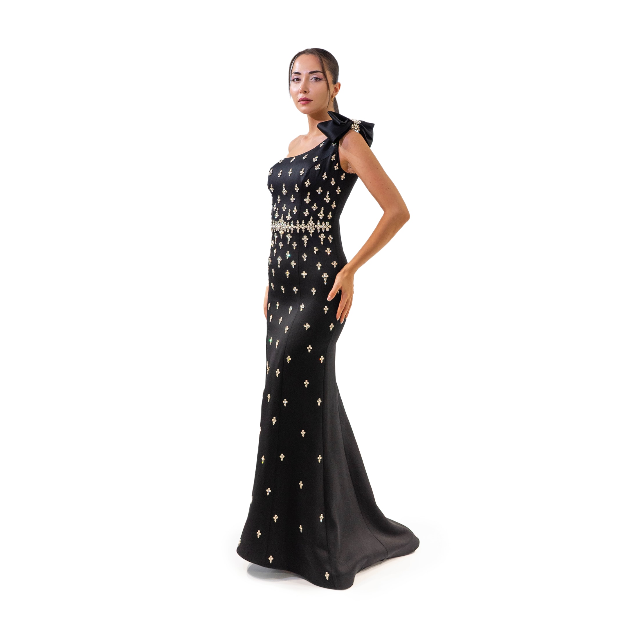 Büyüleyici Tek Omuz Taşlı Krep Kumaş Elbise