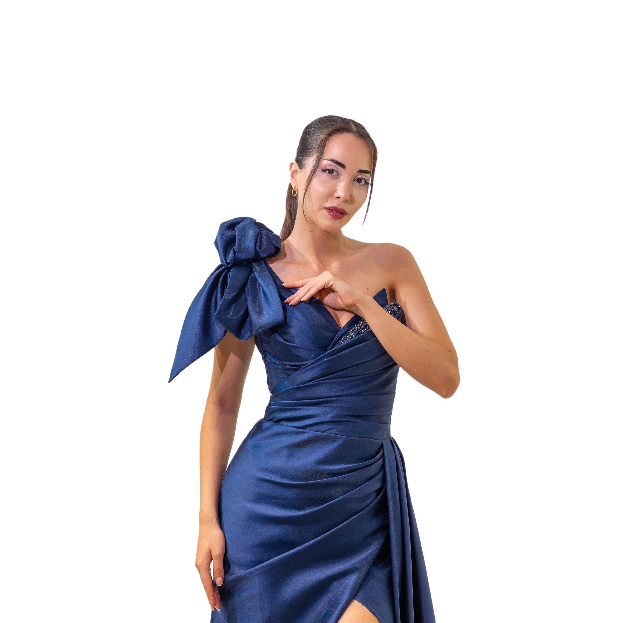 Gökyüzü Tek Omuz Sivri Yaka Parlak Tafta Balık Lacivert Elbise
